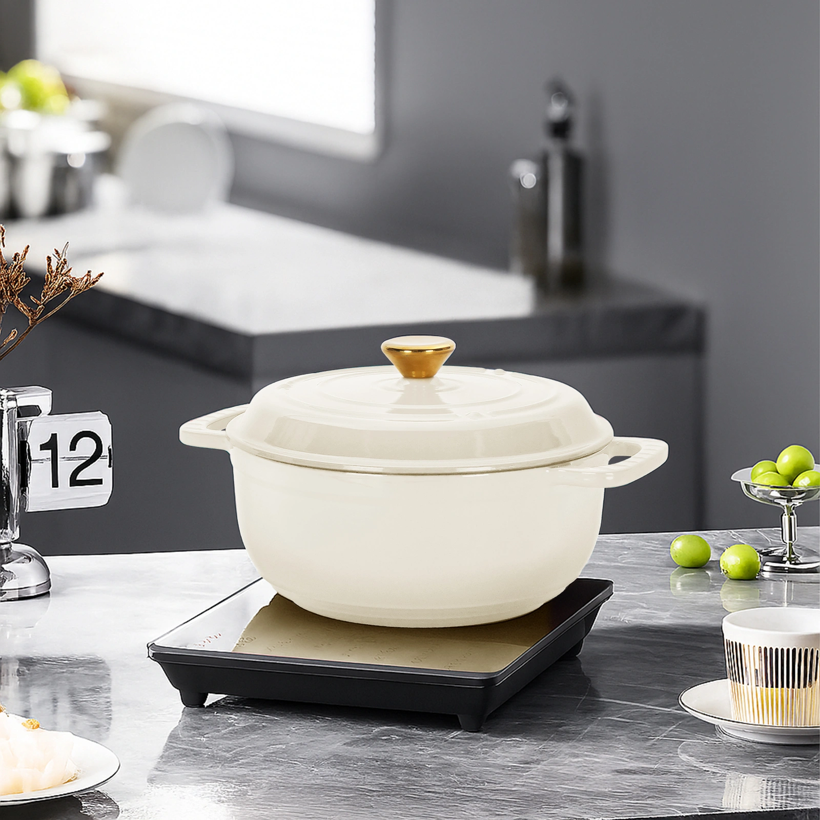 Cast iron 6QT cooking pot - ceramic white - comes with two silicone gloves - Enamel pot view 11