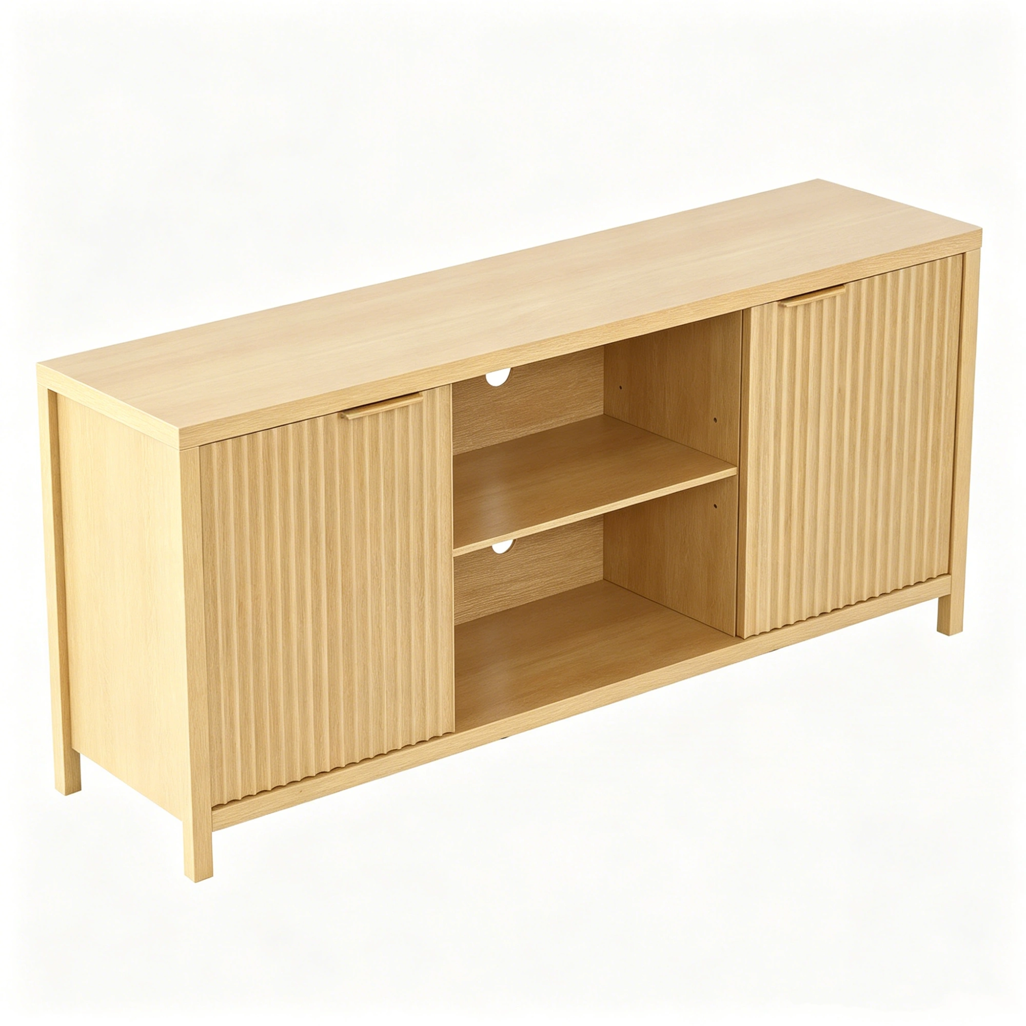 Fluted Double Door Tall TV Stand for TVs up to 70 Inch, Mid Century Media Console Cabinet with Adjustable Open Storage Compartment, Wood Entertainment Center 58.07"L×15.75"D×24.80"H for Living Room Bedroom, Natural Wood view 10