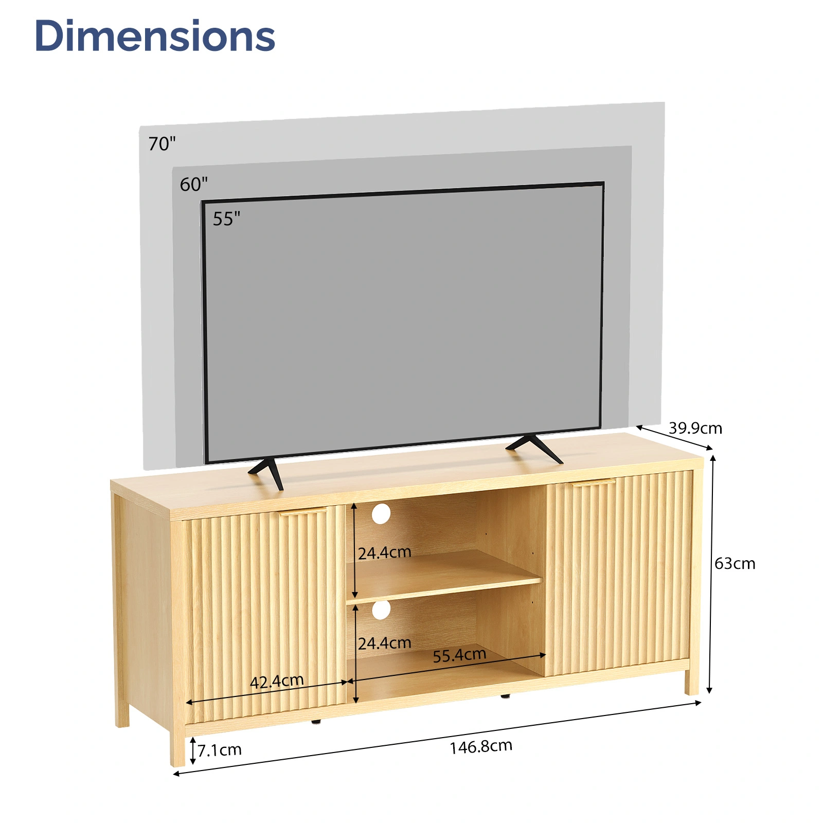 Fluted Double Door Tall TV Stand for TVs up to 70 Inch, Mid Century Media Console Cabinet with Adjustable Open Storage Compartment, Wood Entertainment Center 58.07"L×15.75"D×24.80"H for Living Room Bedroom, Natural Wood view 2