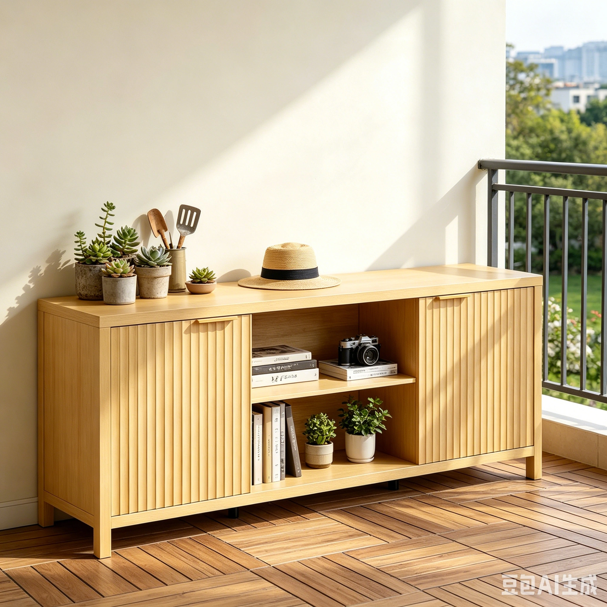 Fluted Double Door Tall TV Stand for TVs up to 70 Inch, Mid Century Media Console Cabinet with Adjustable Open Storage Compartment, Wood Entertainment Center 58.07"L×15.75"D×24.80"H for Living Room Bedroom, Natural Wood view 4