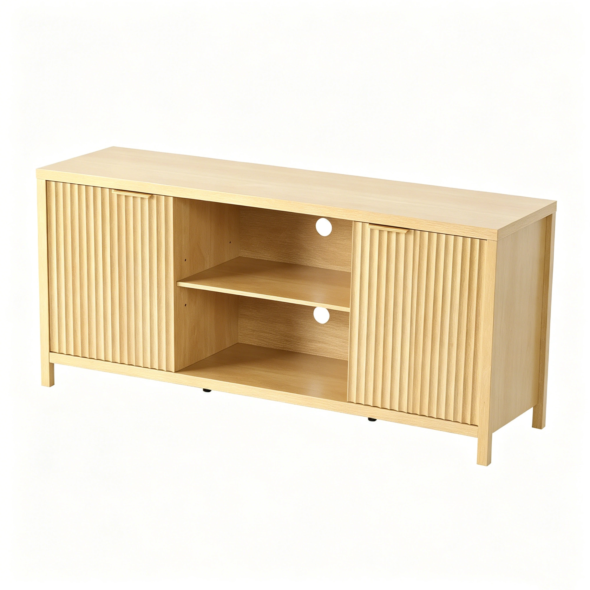 Fluted Double Door Tall TV Stand for TVs up to 70 Inch, Mid Century Media Console Cabinet with Adjustable Open Storage Compartment, Wood Entertainment Center 58.07"L×15.75"D×24.80"H for Living Room Bedroom, Natural Wood view 7
