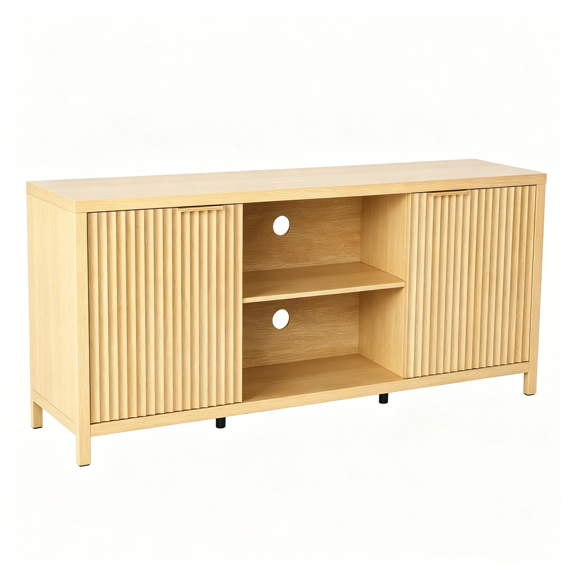 Fluted Double Door Tall TV Stand for TVs up to 70 Inch, Mid Century Media Console Cabinet with Adjustable Open Storage Compartment, Wood Entertainment Center 58.07"L×15.75"D×24.80"H for Living Room Bedroom, Natural Wood view 9
