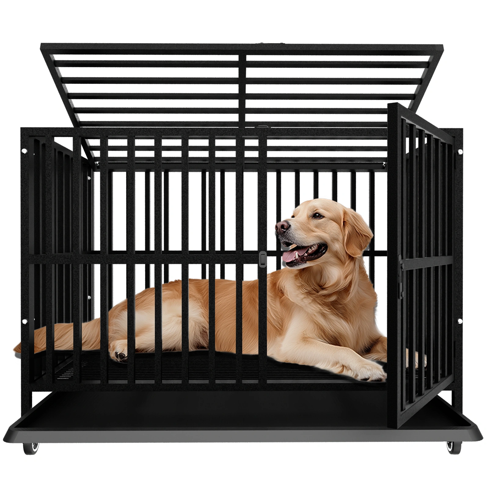 Große Hundekiste Heavy Duty - Legierter Stahl Hundezwinger mit abschließbaren Rollen, Doppel-Tür & stabilen Schlössern, Transportbox für Große Hunde