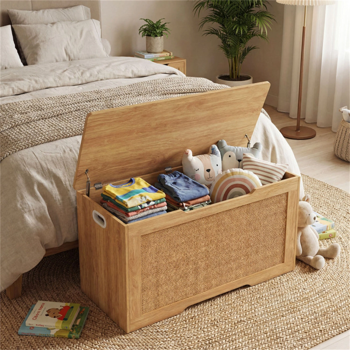 39 Gallon Wooden Toy Box Storage Chest with Soft Close Lid, Rattan Look Kids Storage Bench for Playroom Bedroom view 10