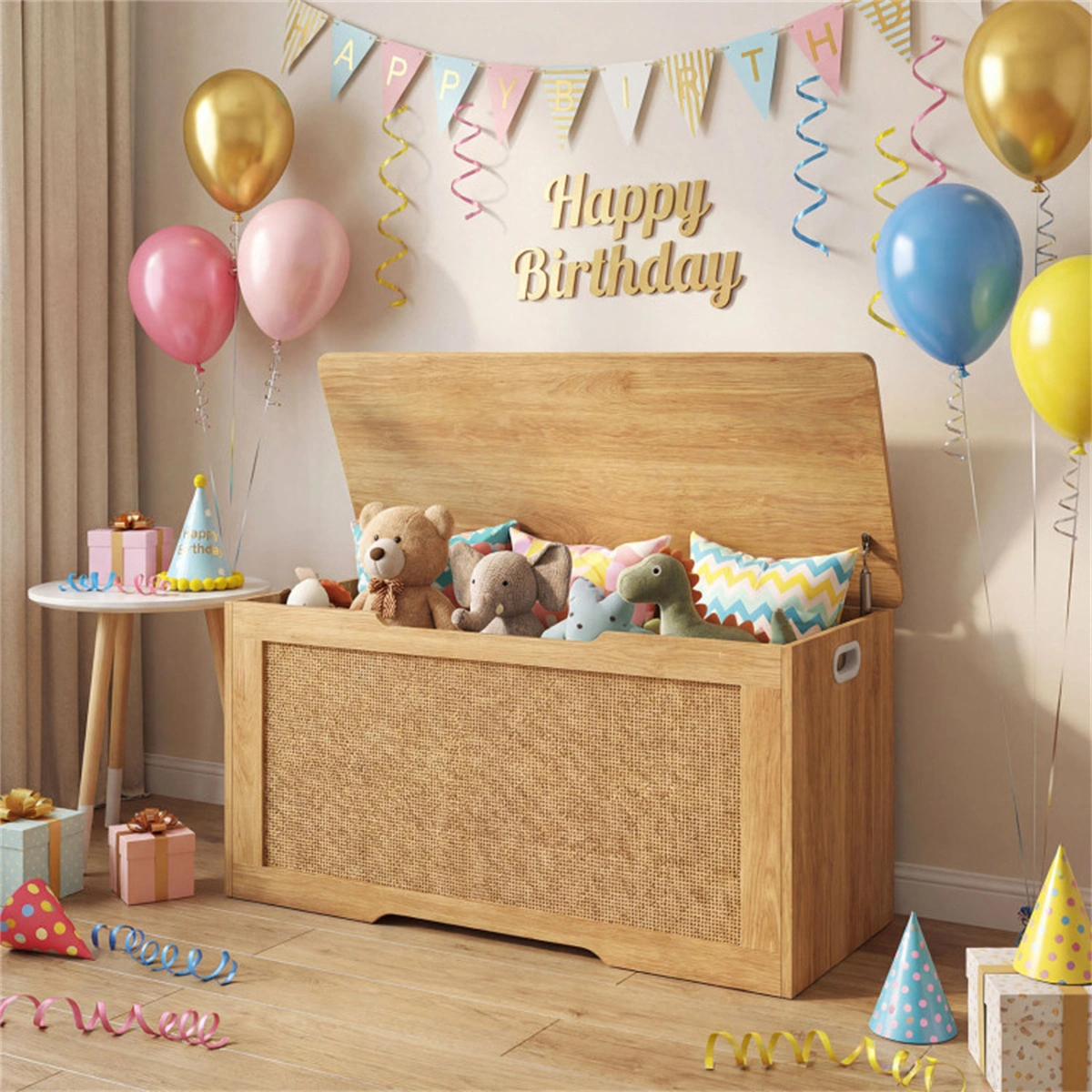39 Gallon Wooden Toy Box Storage Chest with Soft Close Lid, Rattan Look Kids Storage Bench for Playroom Bedroom view 2