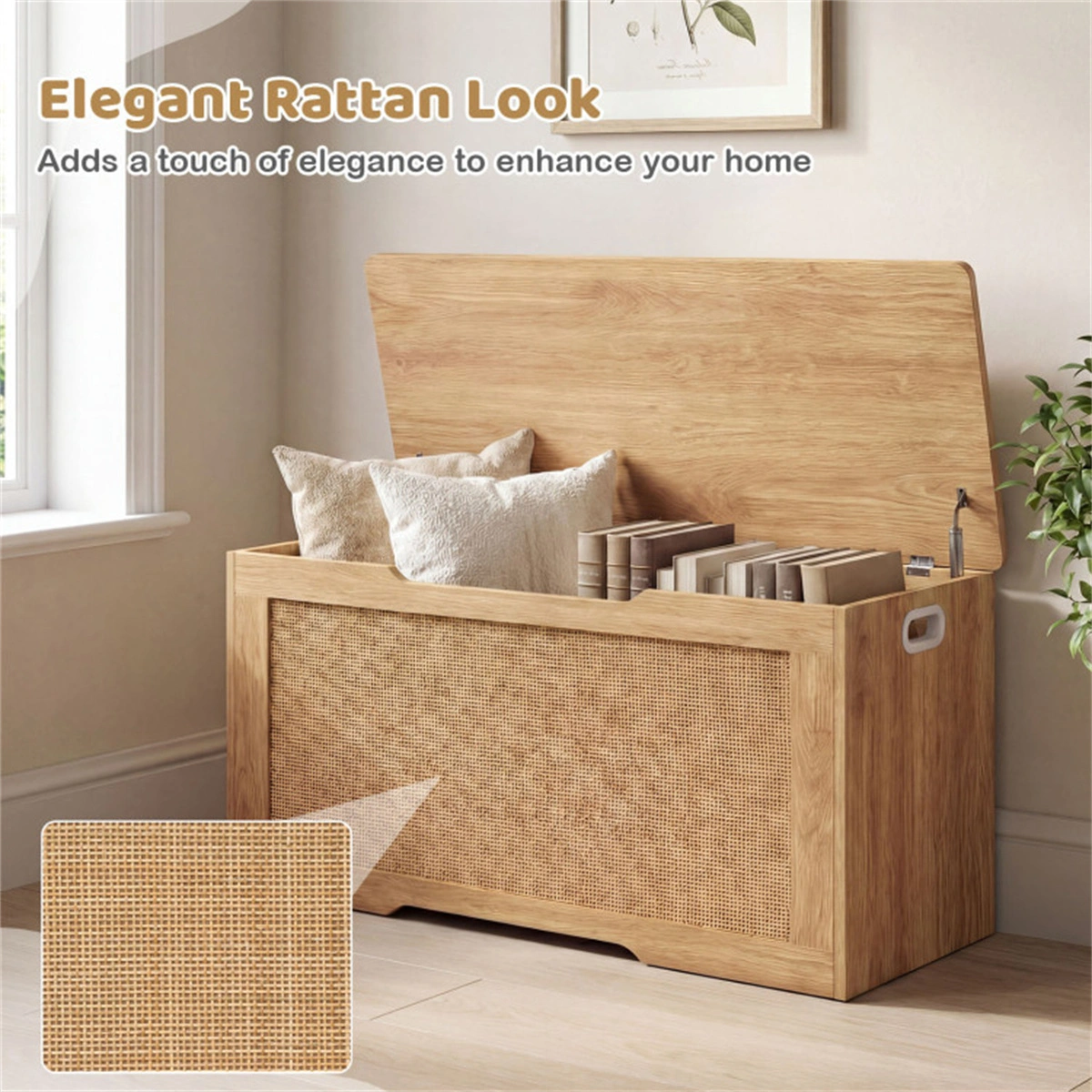 39 Gallon Wooden Toy Box Storage Chest with Soft Close Lid, Rattan Look Kids Storage Bench for Playroom Bedroom view 7