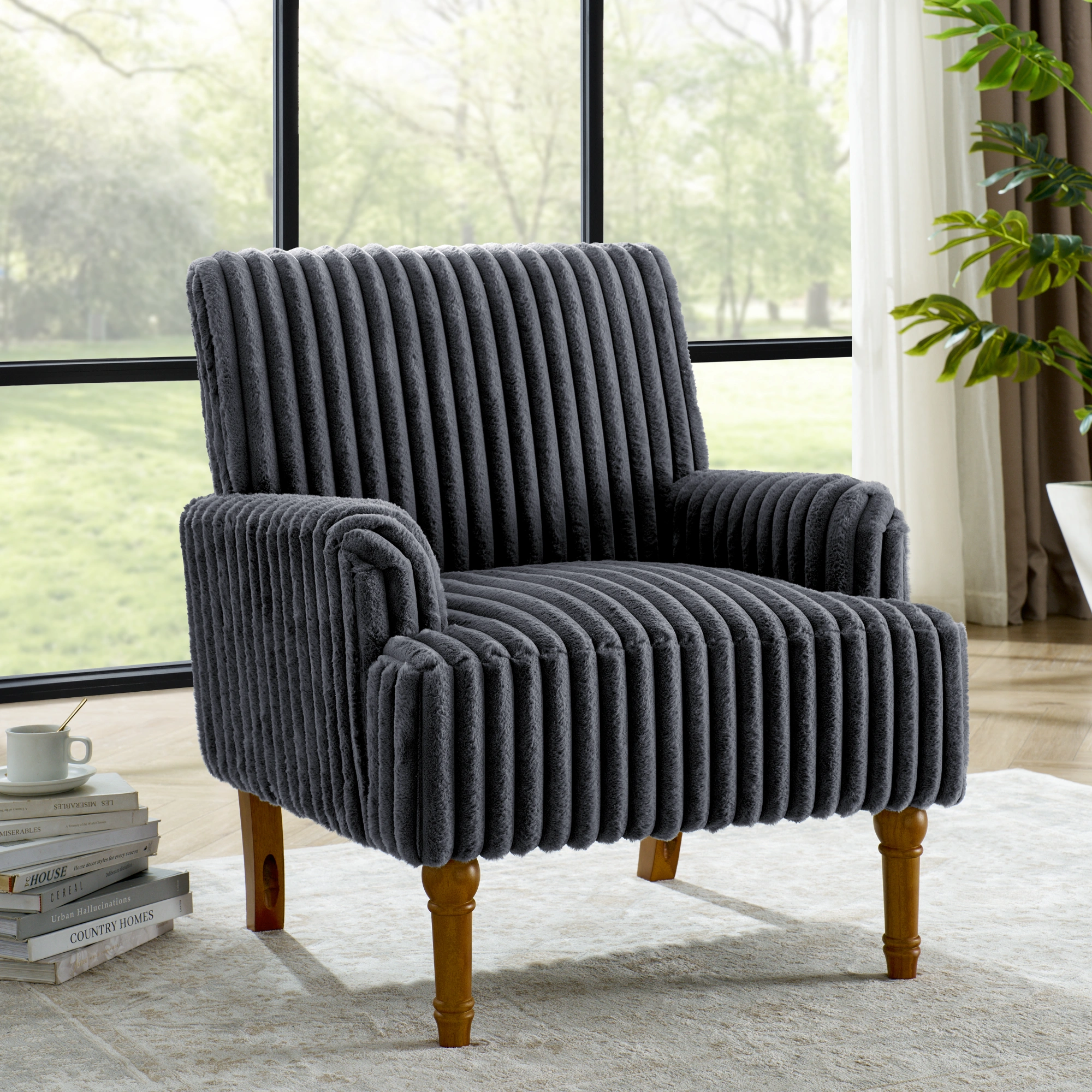 Modern Corduroy Accent Chair, 3.5cm Wide Wale Upholstered Armchair with 9" Solid Wood Legs, Dark Gray Living Room Chair