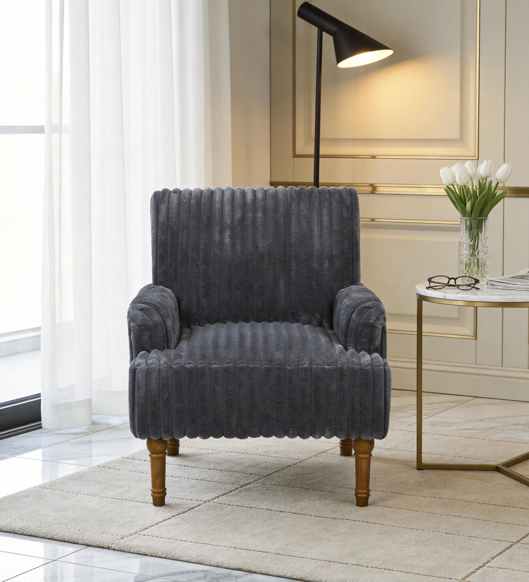 Modern Corduroy Accent Chair, 3.5cm Wide Wale Upholstered Armchair with 9" Solid Wood Legs, Dark Gray Living Room Chair view 2