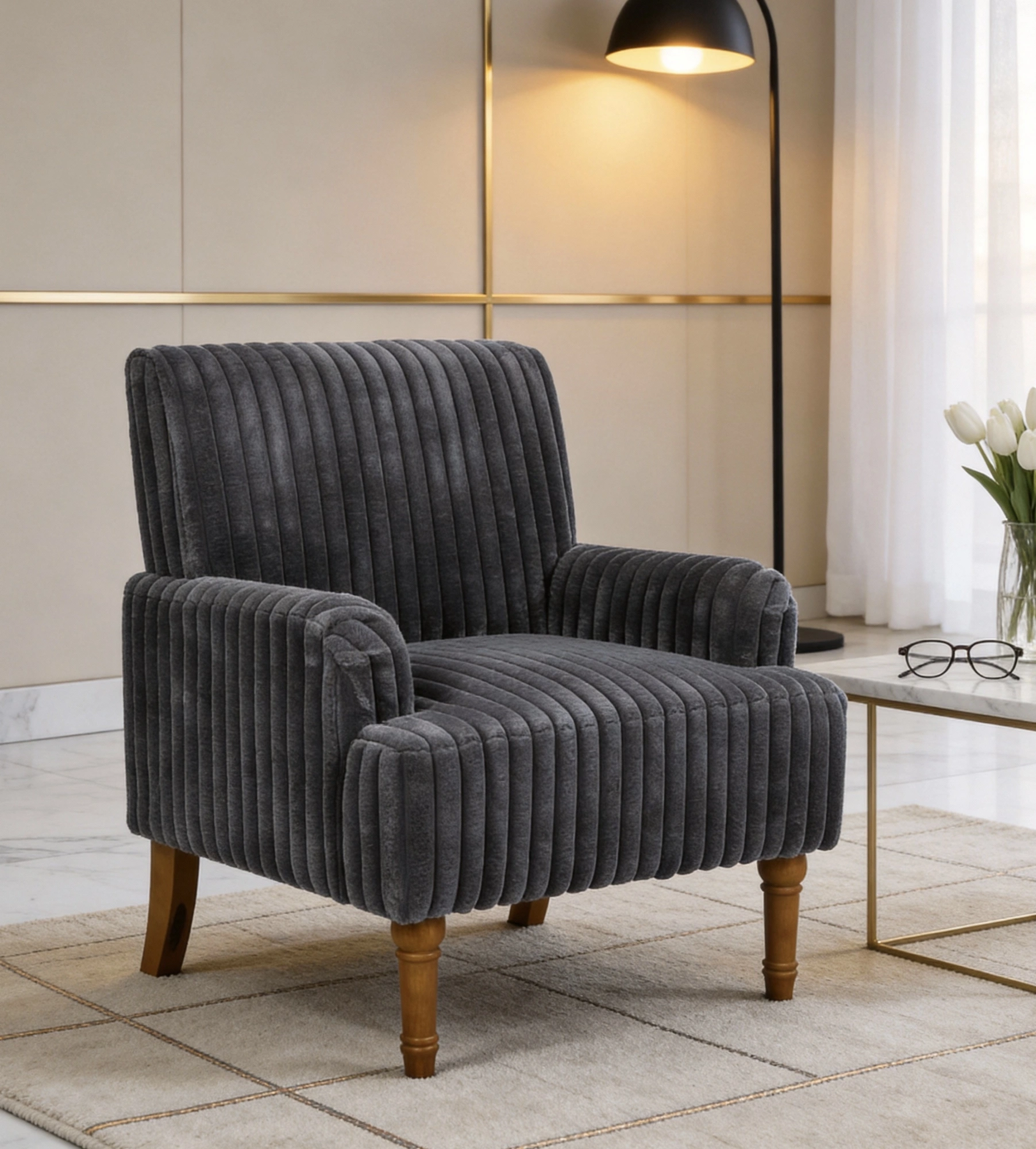 Modern Corduroy Accent Chair, 3.5cm Wide Wale Upholstered Armchair with 9" Solid Wood Legs, Dark Gray Living Room Chair view 3