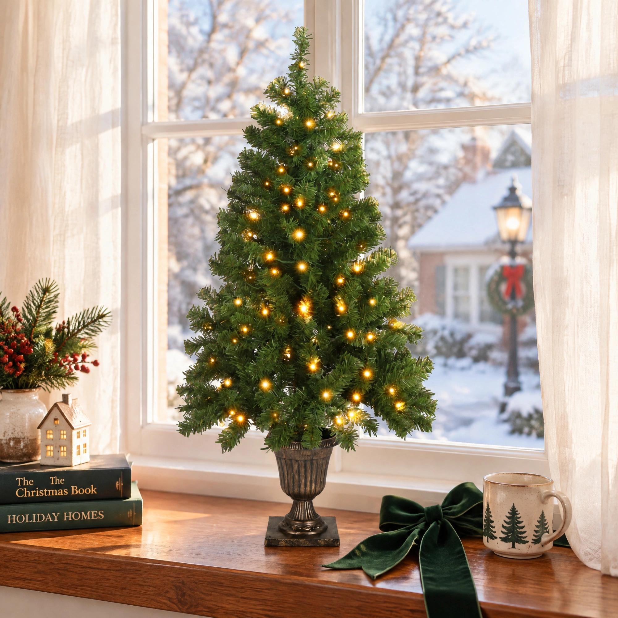 4 FT Pre-Lit Artificial Christmas Tree, Trophy Base, 120 Warm Lights, 211 Branch Tips, Remote Control, Green Potted Xmas Tree for Home Office Holiday Decor view 5