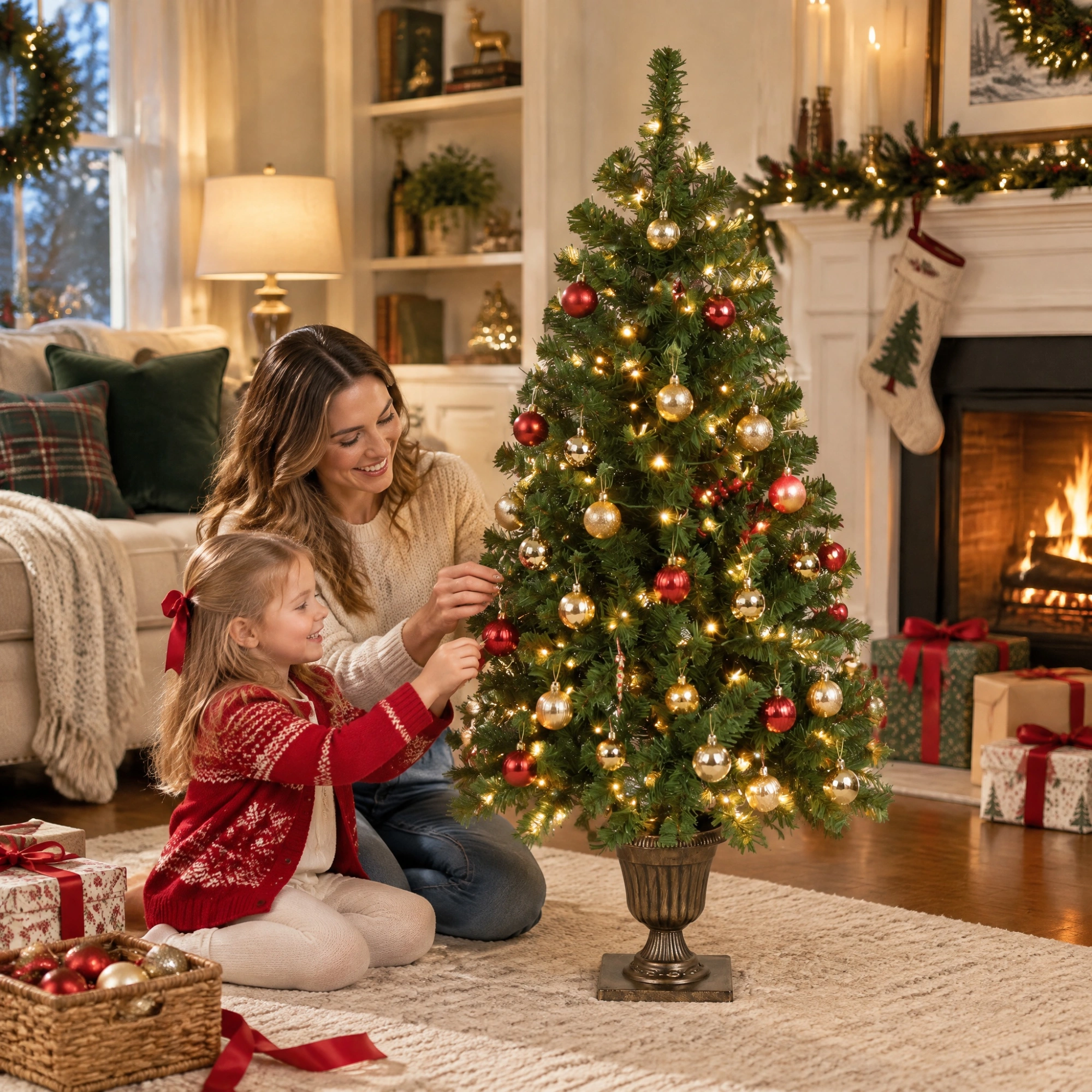 4 FT Pre-Lit Artificial Christmas Tree, Trophy Base, 120 Warm Lights, 211 Branch Tips, Remote Control, Green Potted Xmas Tree for Home Office Holiday Decor view 6