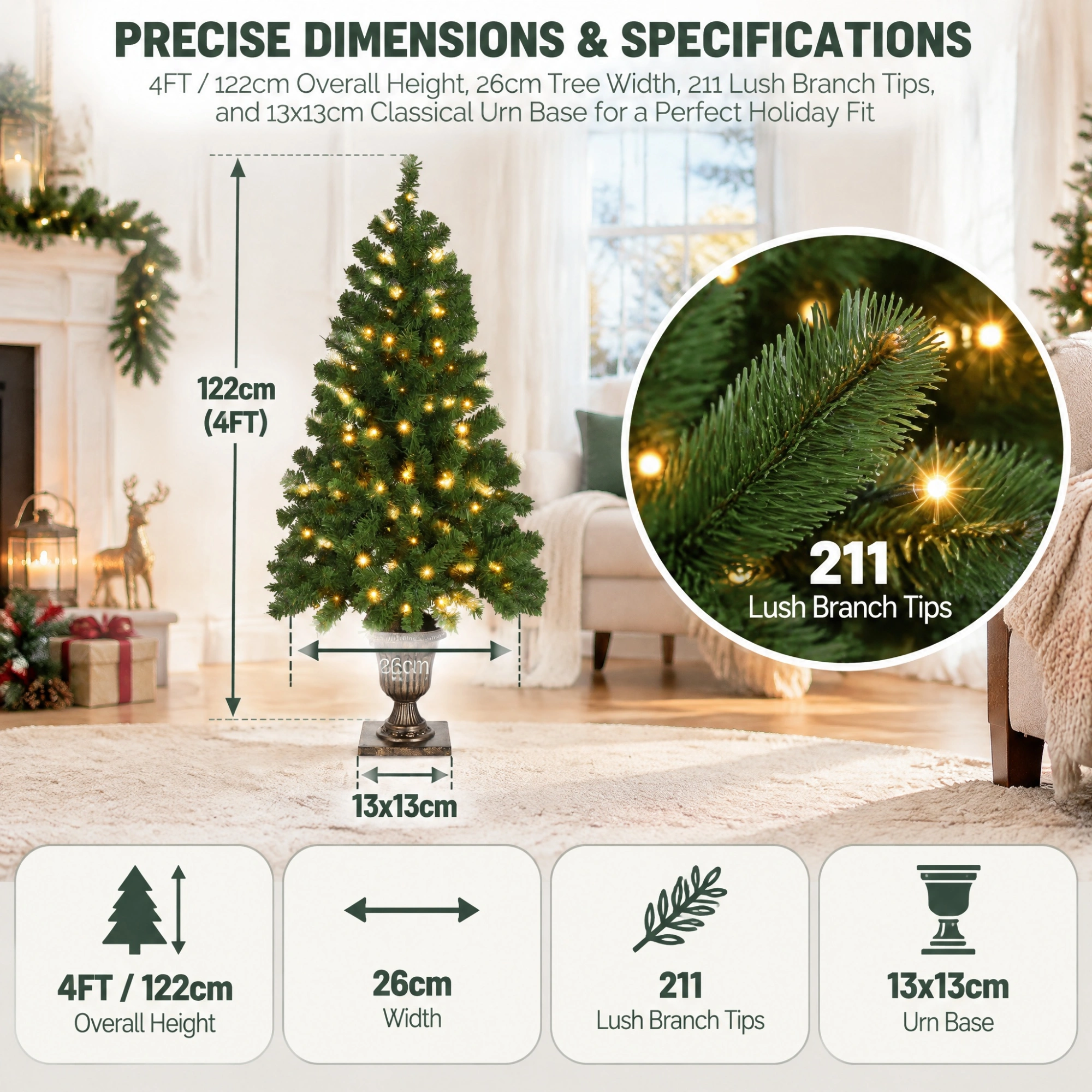 4 FT Pre-Lit Artificial Christmas Tree, Trophy Base, 120 Warm Lights, 211 Branch Tips, Remote Control, Green Potted Xmas Tree for Home Office Holiday Decor view 7