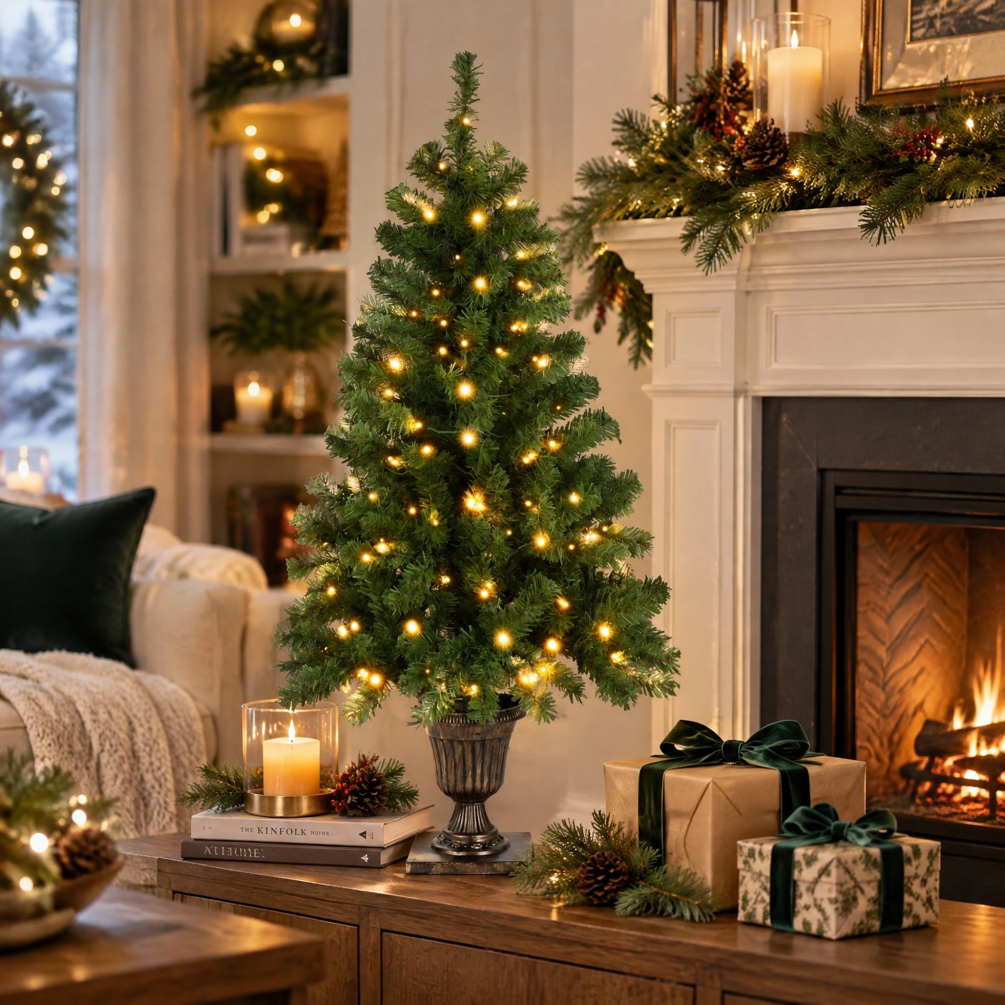 4 FT Pre-Lit Artificial Christmas Tree, Trophy Base, 120 Warm Lights, 211 Branch Tips, Remote Control, Green Potted Xmas Tree for Home Office Holiday Decor view 8