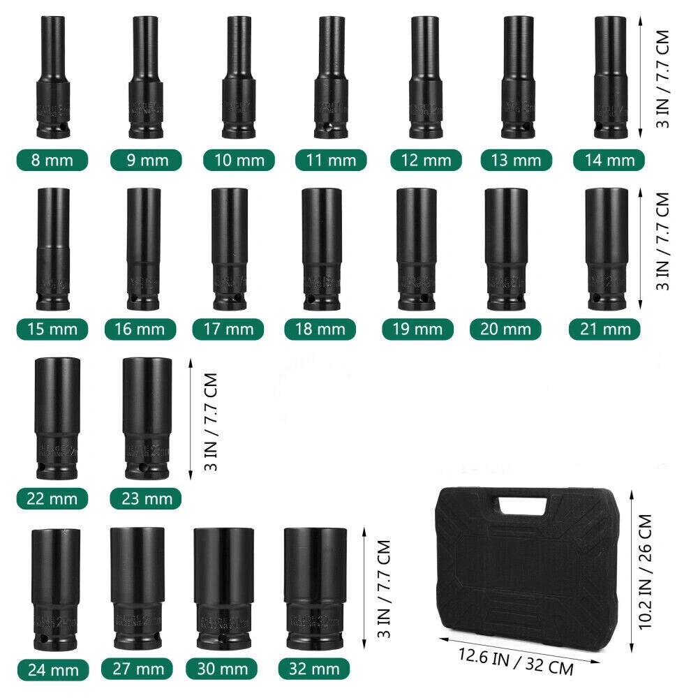 20 Piece Deep Impact Socket Set 1/2" Drive 6-Point Metric 8-32mm Heavy Duty Chrome Vanadium Tools UK view 4
