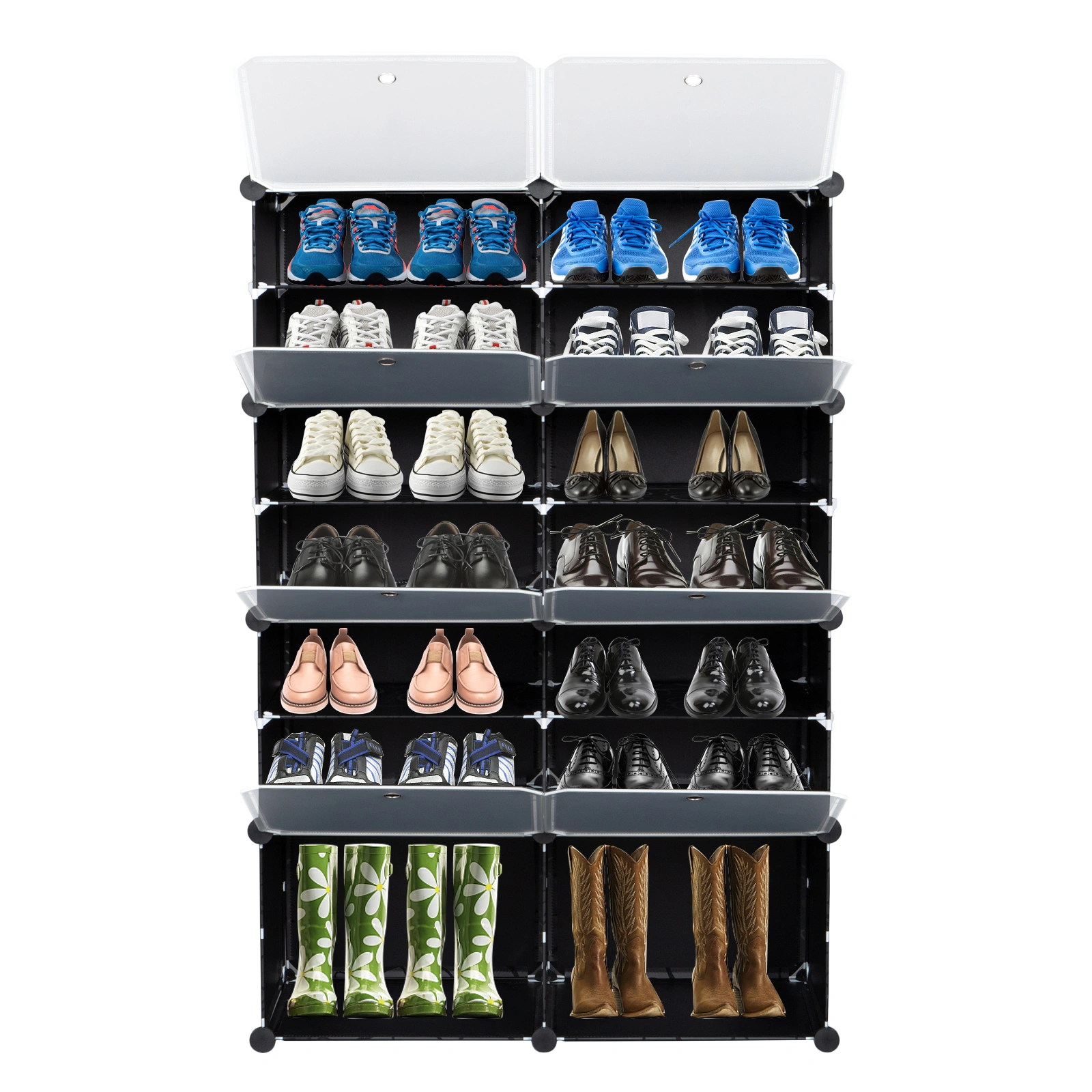 7-Tier Shoe Rack Organizer, 28 Pair Portable Expandable Tower with 14 Grids, for Heels Boots Slippers, Black