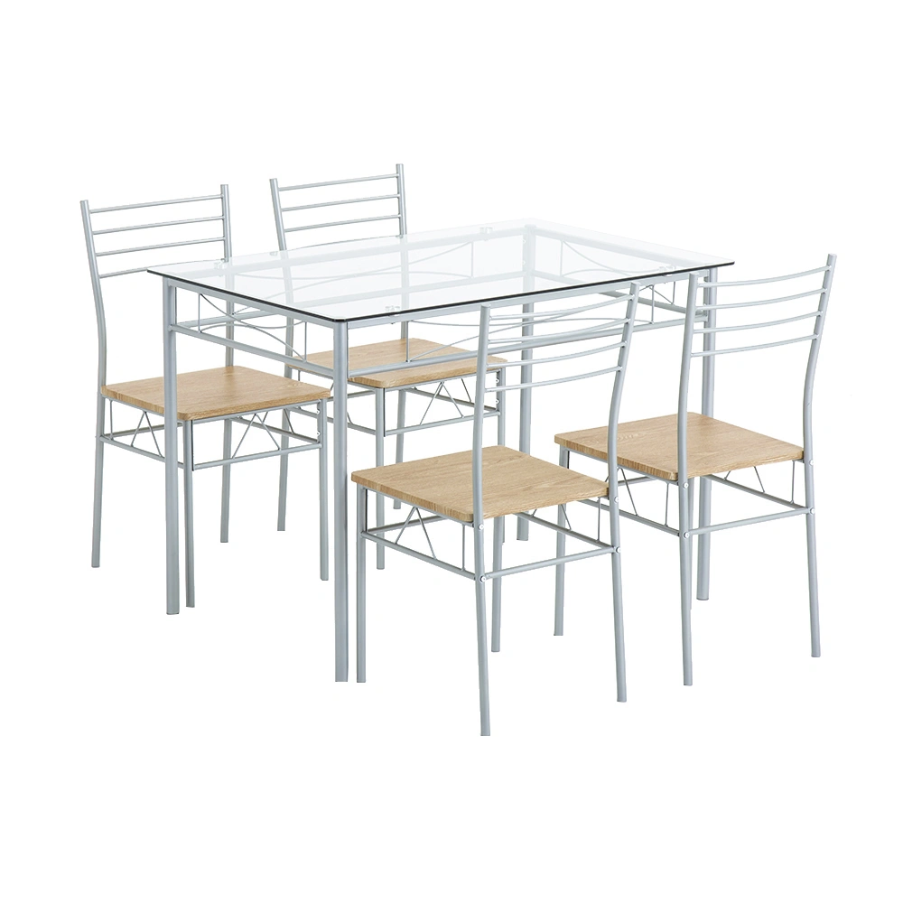 Silver Iron Glass Dining Table Set, 4 Chairs with MDF Cushion Seats, 5-Piece Metal Frame Table and Chair Set for Kitchen