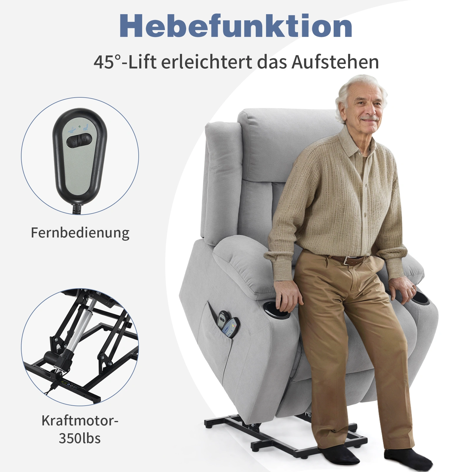 1pc Gray Fabric Electric Functional Chair with 8-Point Massage Belt & Heating, 120kg Weight Capacity, Indoor Lift Recliner