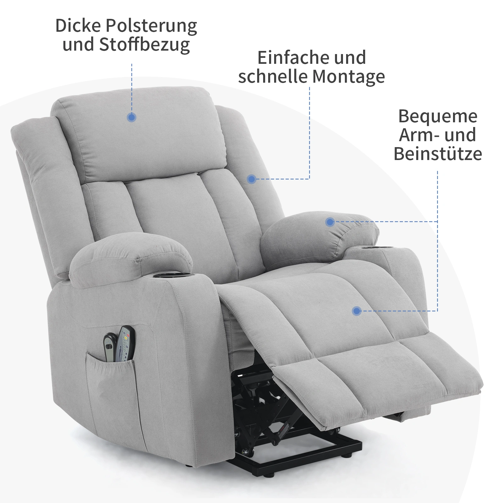 1pc Gray Fabric Electric Functional Chair with 8-Point Massage Belt & Heating, 120kg Weight Capacity, Indoor Lift Recliner view 3
