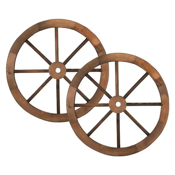 2pcs 24-Inch Old Western Style Garden Art Wall Decor Wooden Wagon Wheel Brown