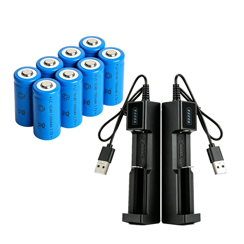 8 Pack 16340 Rechargeable Batteries 3.7V Li-ion + 2 USB Charging Docks, 16340 Battery Charger Bundle
