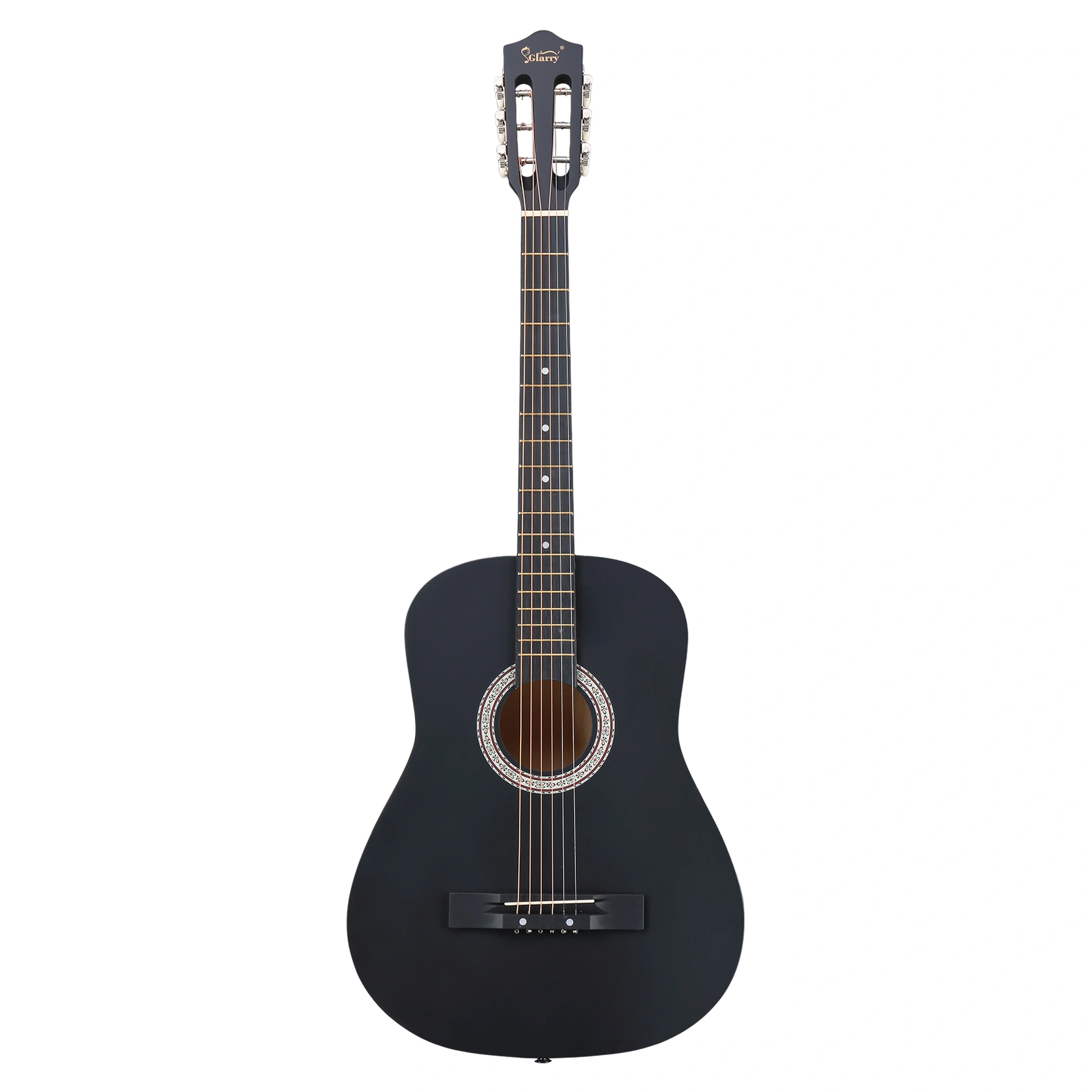 Matte Black 38-inch Round Acoustic Guitar with Picks, Strings, Capo, Case, Tuner, and Strap