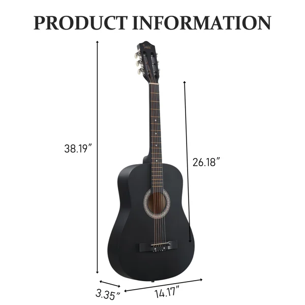 Matte Black 38-inch Round Acoustic Guitar with Picks, Strings, Capo, Case, Tuner, and Strap view 4