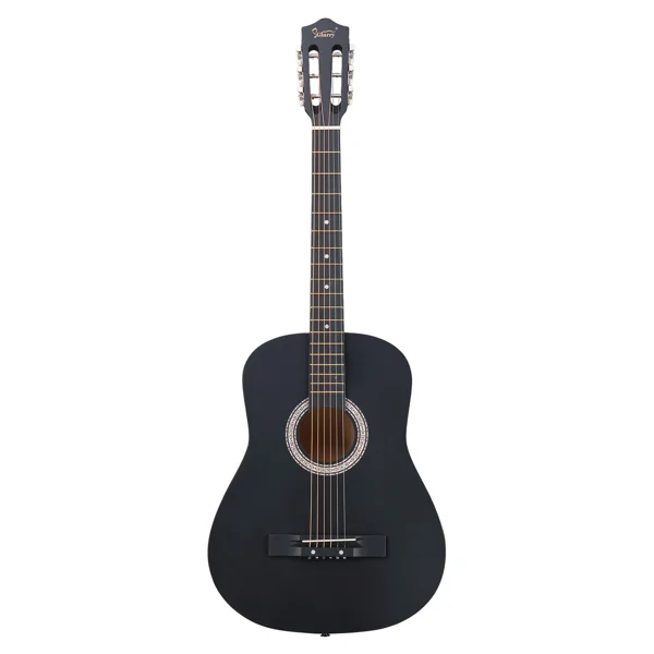 Matte Black 38-inch Round Acoustic Guitar with Picks, Strings, Capo, Case, Tuner, and Strap