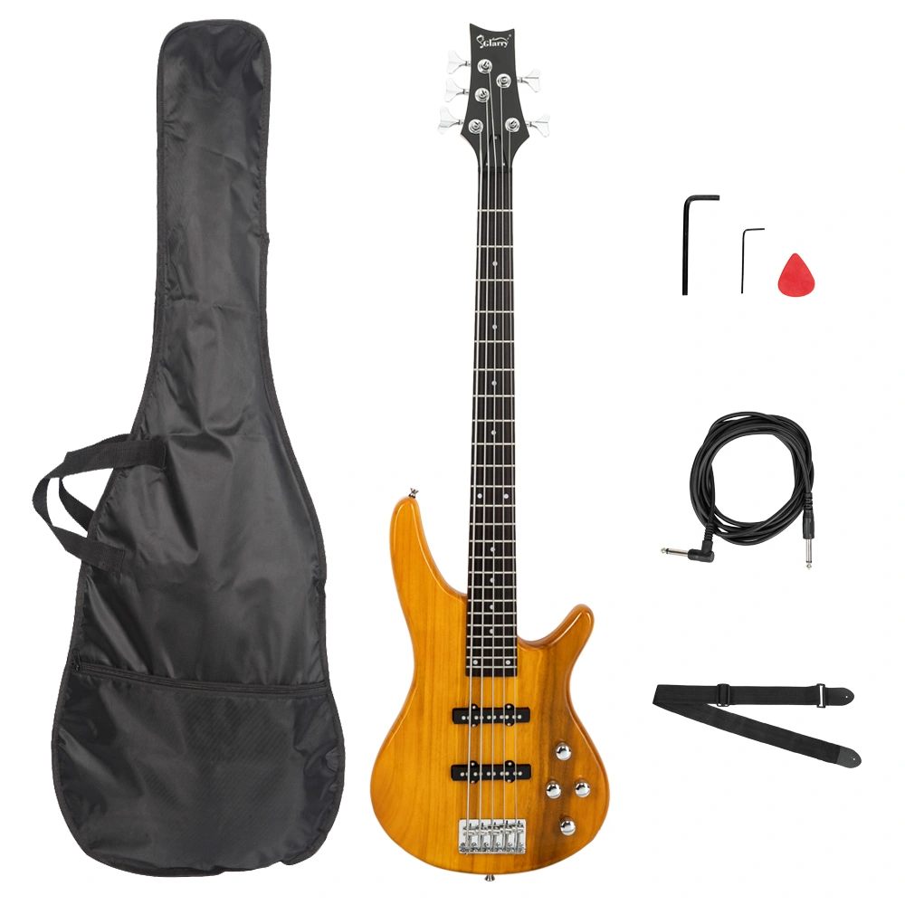 GIB Transparent Yellow 5-String Electric Bass Guitar Full Size, Includes Hard Bag, Strap, Picks, Connector & Wrench Tool view 2
