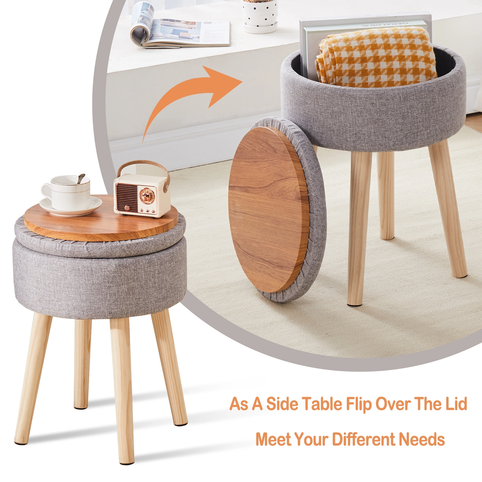 Grey Linen Storage Ottoman Round Vanity Stool with Wood Legs & Tray Top, Multifunctional Foot Rest for Living Room Bathroom view 3