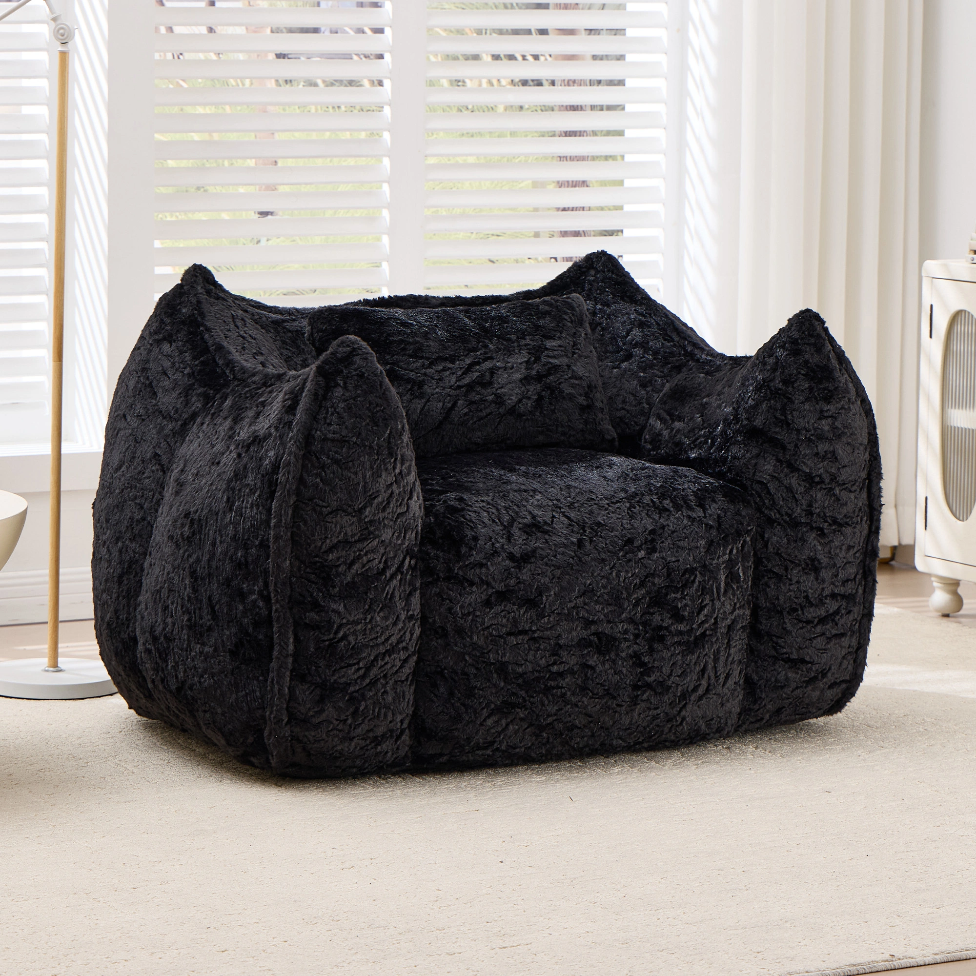 Giant Bean Bag Chair with Pillow, Faux Fur Floor Sofa for Adults & Kids, Comfy Large Beanbags for Living Room Bedroom Apartment, Black