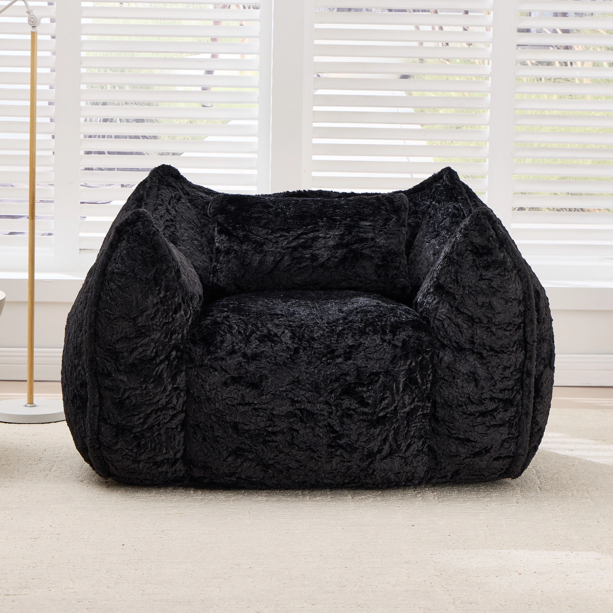 Giant Bean Bag Chair with Pillow, Faux Fur Floor Sofa for Adults & Kids, Comfy Large Beanbags for Living Room Bedroom Apartment, Black view 2