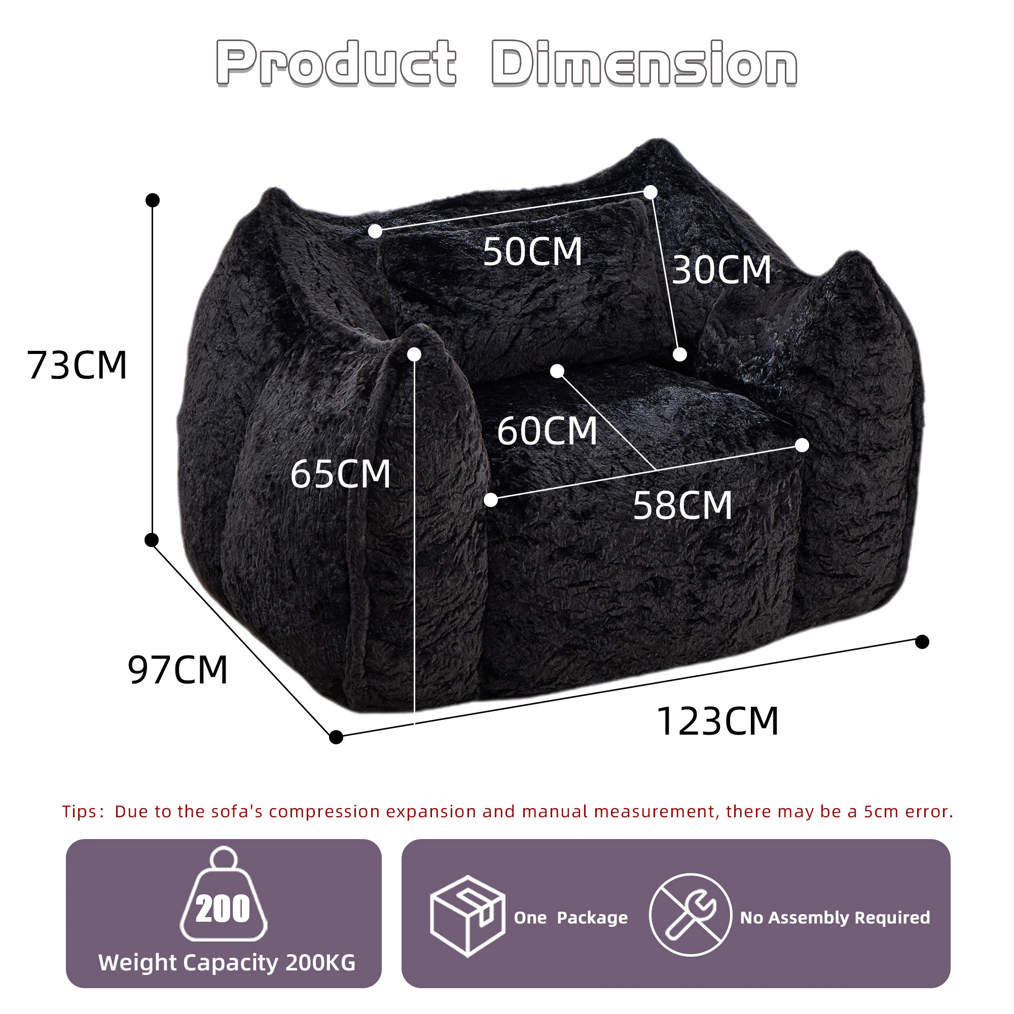 Giant Bean Bag Chair with Pillow, Faux Fur Floor Sofa for Adults & Kids, Comfy Large Beanbags for Living Room Bedroom Apartment, Black view 3