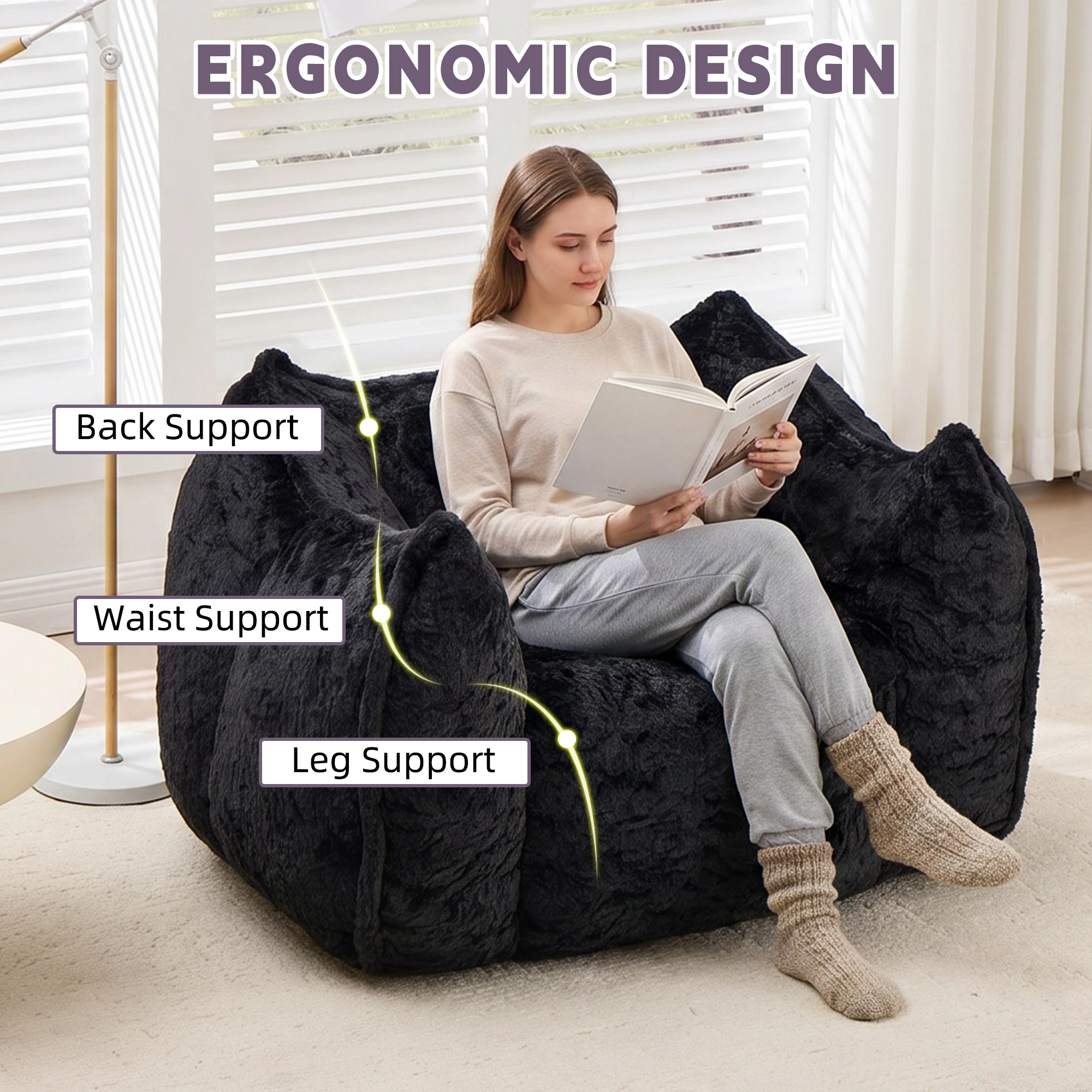 Giant Bean Bag Chair with Pillow, Faux Fur Floor Sofa for Adults & Kids, Comfy Large Beanbags for Living Room Bedroom Apartment, Black view 5