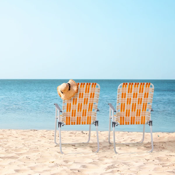Set of 2 Webbed Folding Beach Chairs, Outdoor Patio Lawn Foldable Chairs for Camping Fishing Yard Poolside BBQ, Orange & White view 2