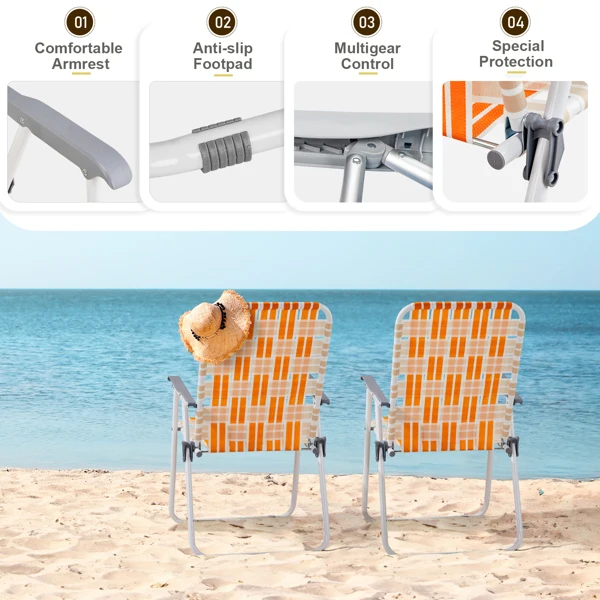 Set of 2 Webbed Folding Beach Chairs, Outdoor Patio Lawn Foldable Chairs for Camping Fishing Yard Poolside BBQ, Orange & White view 3