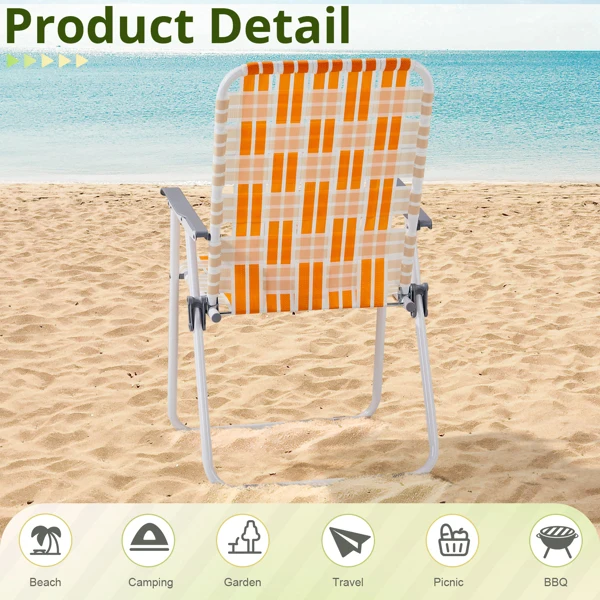 Set of 2 Webbed Folding Beach Chairs, Outdoor Patio Lawn Foldable Chairs for Camping Fishing Yard Poolside BBQ, Orange & White view 4