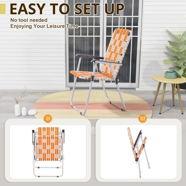 Set of 2 Webbed Folding Beach Chairs, Outdoor Patio Lawn Foldable Chairs for Camping Fishing Yard Poolside BBQ, Orange & White view 6
