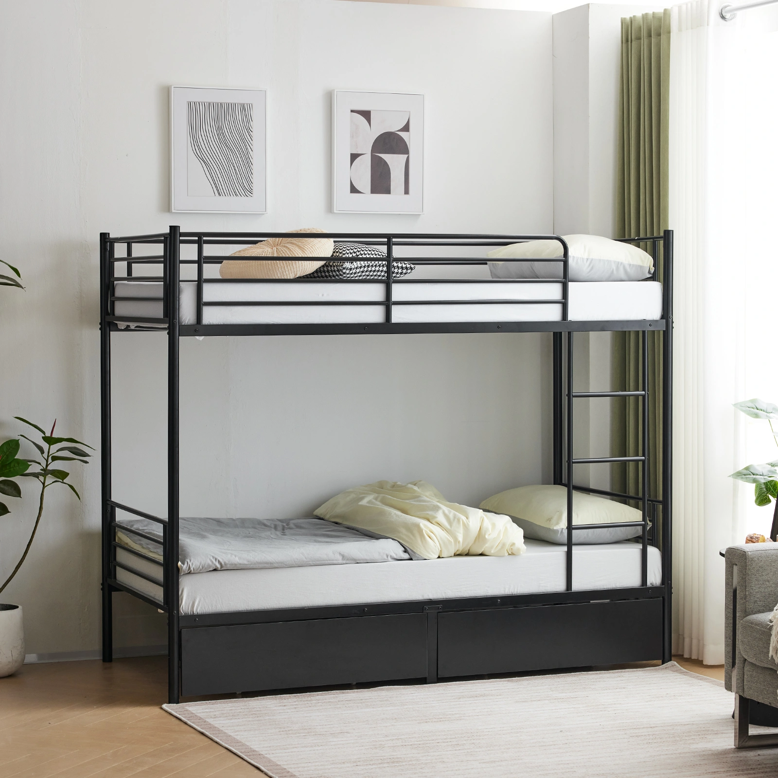 Twin Over Twin Bunk Bed with Two Storage Drawers & Full-Length Guard Rail, Heavy Duty Metal Bunk Bed for Kids Teens Adults, Black view 10