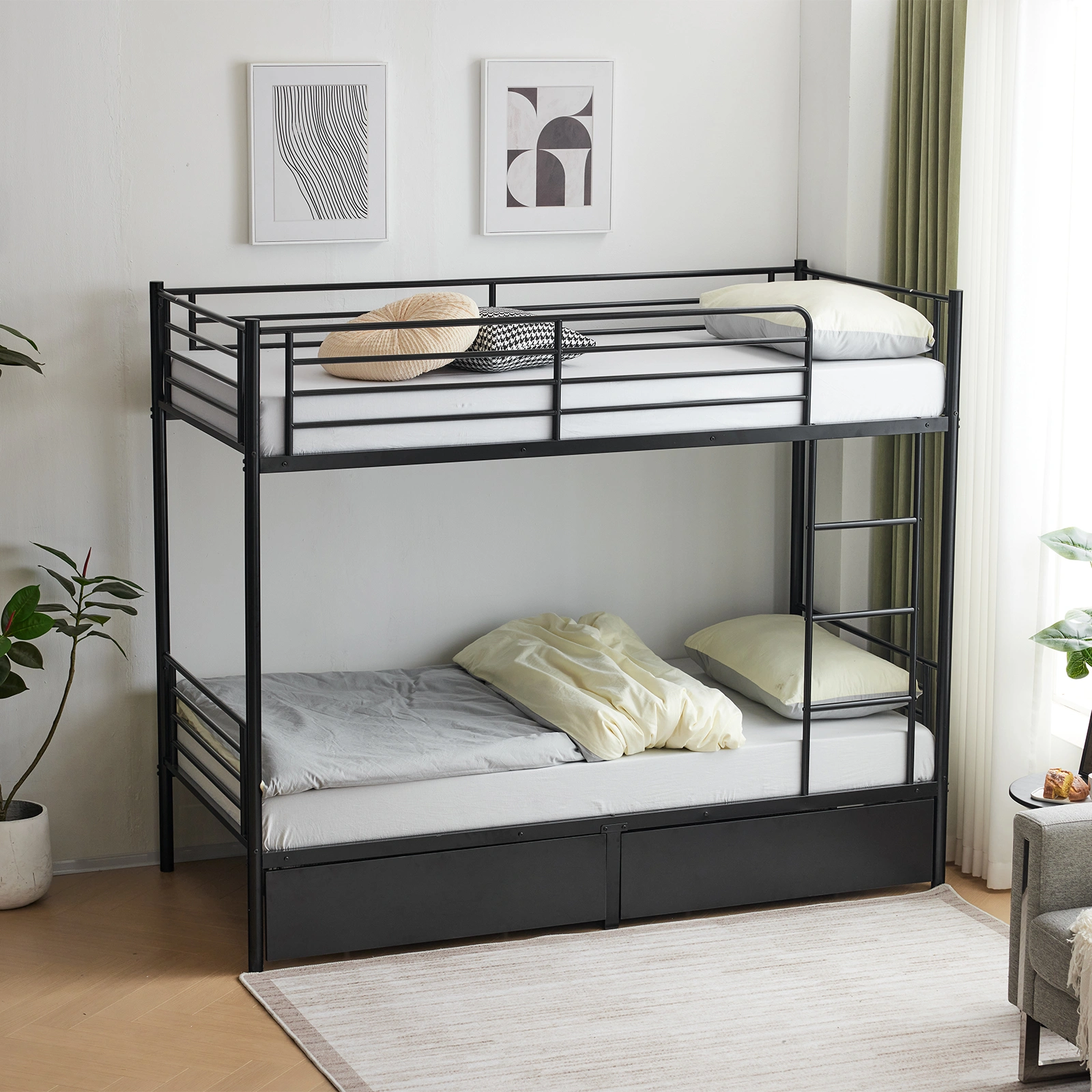 Twin Over Twin Bunk Bed with Two Storage Drawers & Full-Length Guard Rail, Heavy Duty Metal Bunk Bed for Kids Teens Adults, Black view 11