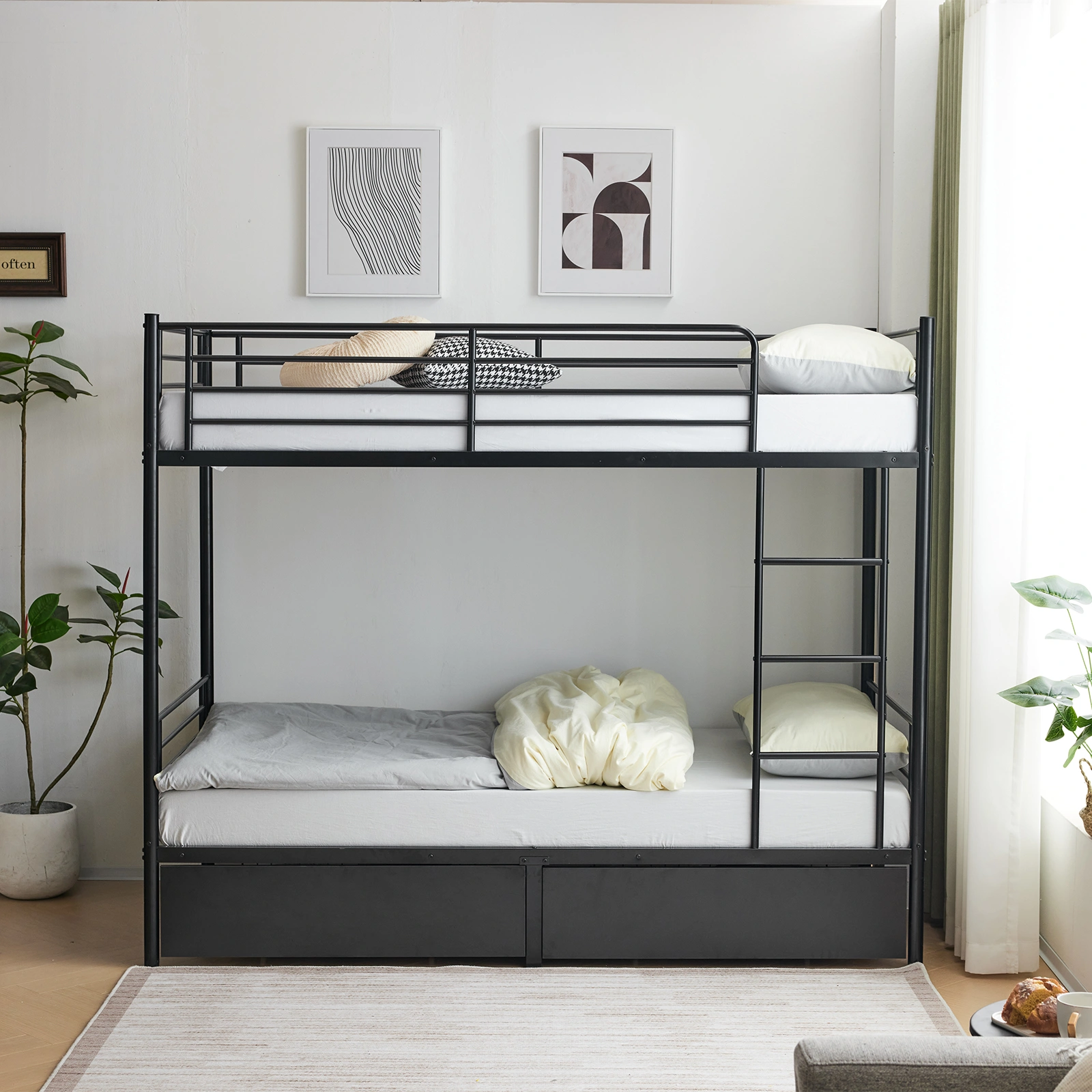 Twin Over Twin Bunk Bed with Two Storage Drawers & Full-Length Guard Rail, Heavy Duty Metal Bunk Bed for Kids Teens Adults, Black view 12