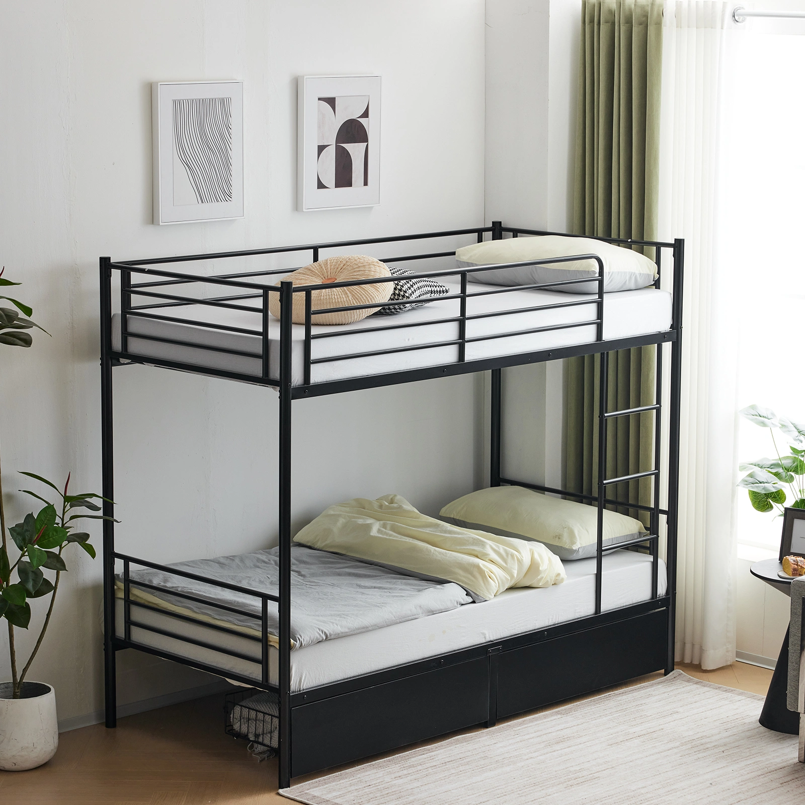 Twin Over Twin Bunk Bed with Two Storage Drawers & Full-Length Guard Rail, Heavy Duty Metal Bunk Bed for Kids Teens Adults, Black view 2