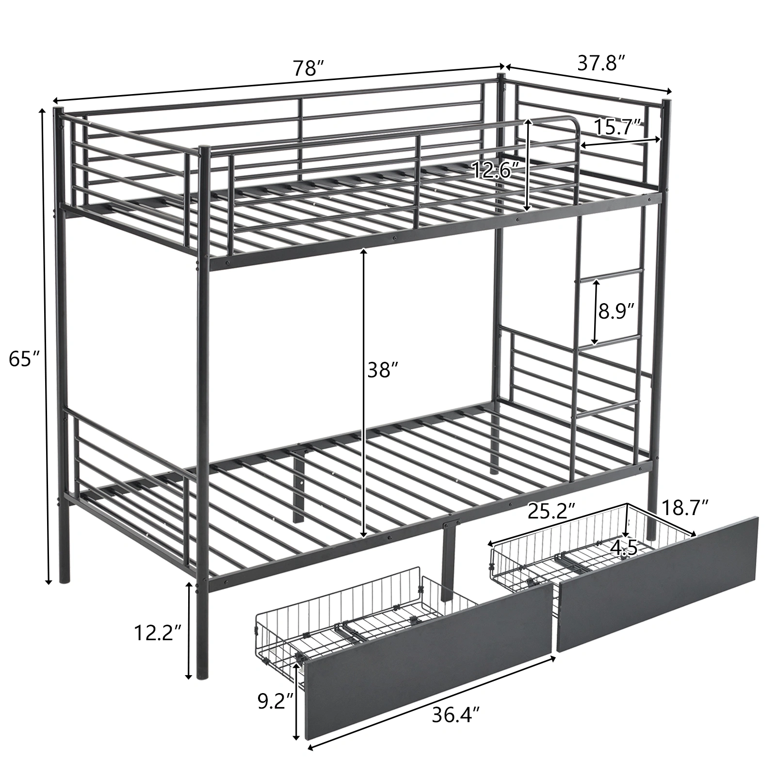 Twin Over Twin Bunk Bed with Two Storage Drawers & Full-Length Guard Rail, Heavy Duty Metal Bunk Bed for Kids Teens Adults, Black view 3