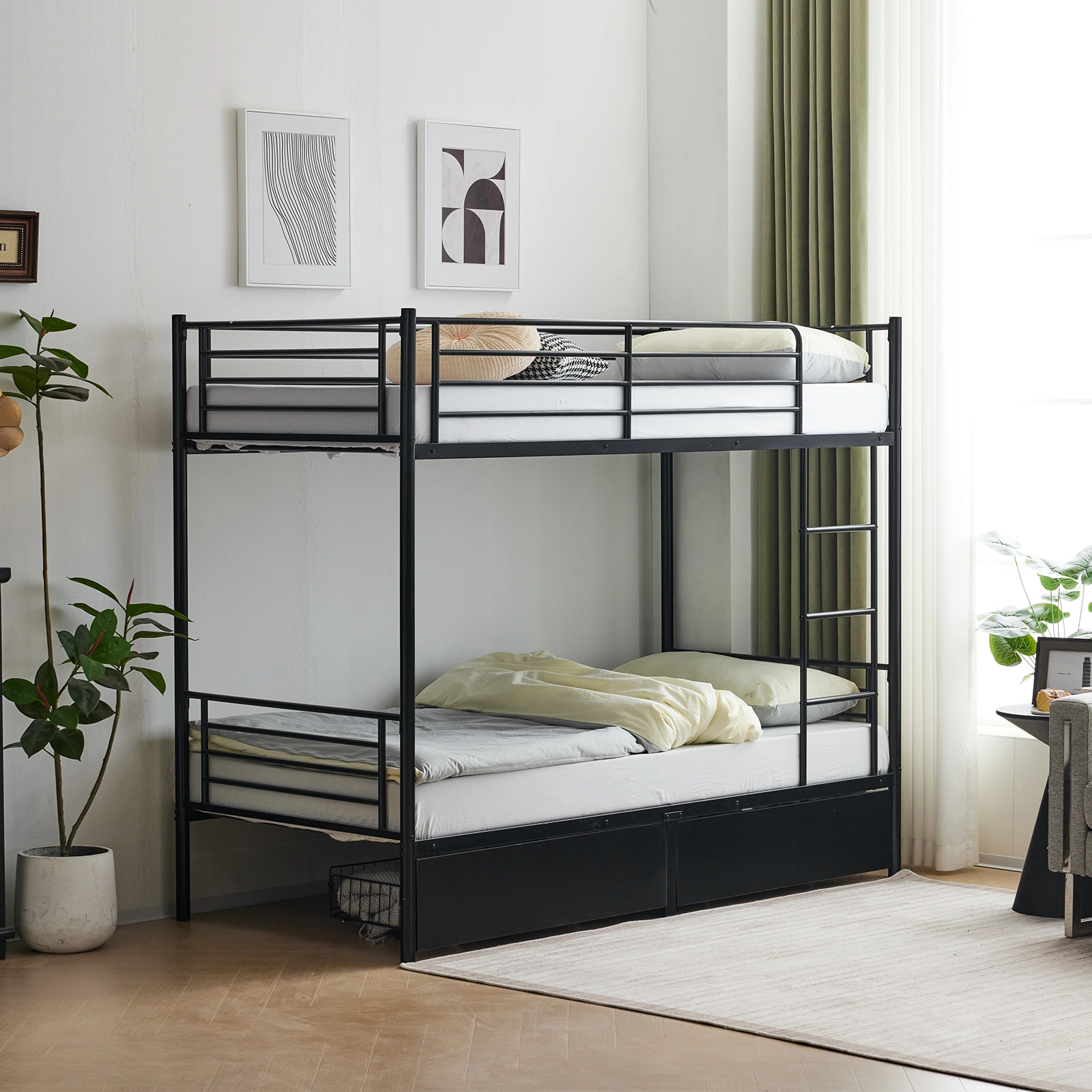 Twin Over Twin Bunk Bed with Two Storage Drawers & Full-Length Guard Rail, Heavy Duty Metal Bunk Bed for Kids Teens Adults, Black view 4