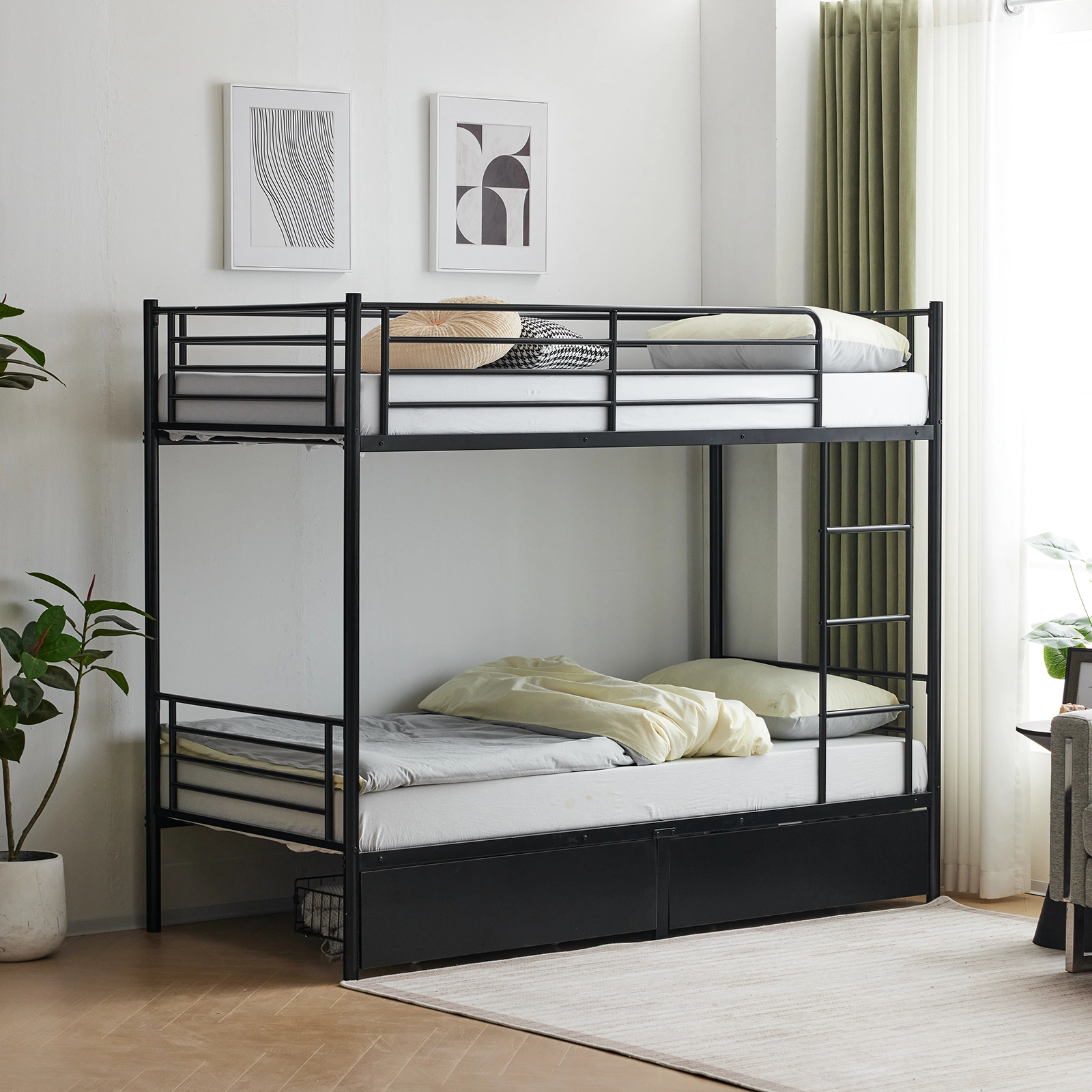 Twin Over Twin Bunk Bed with Two Storage Drawers & Full-Length Guard Rail, Heavy Duty Metal Bunk Bed for Kids Teens Adults, Black view 5