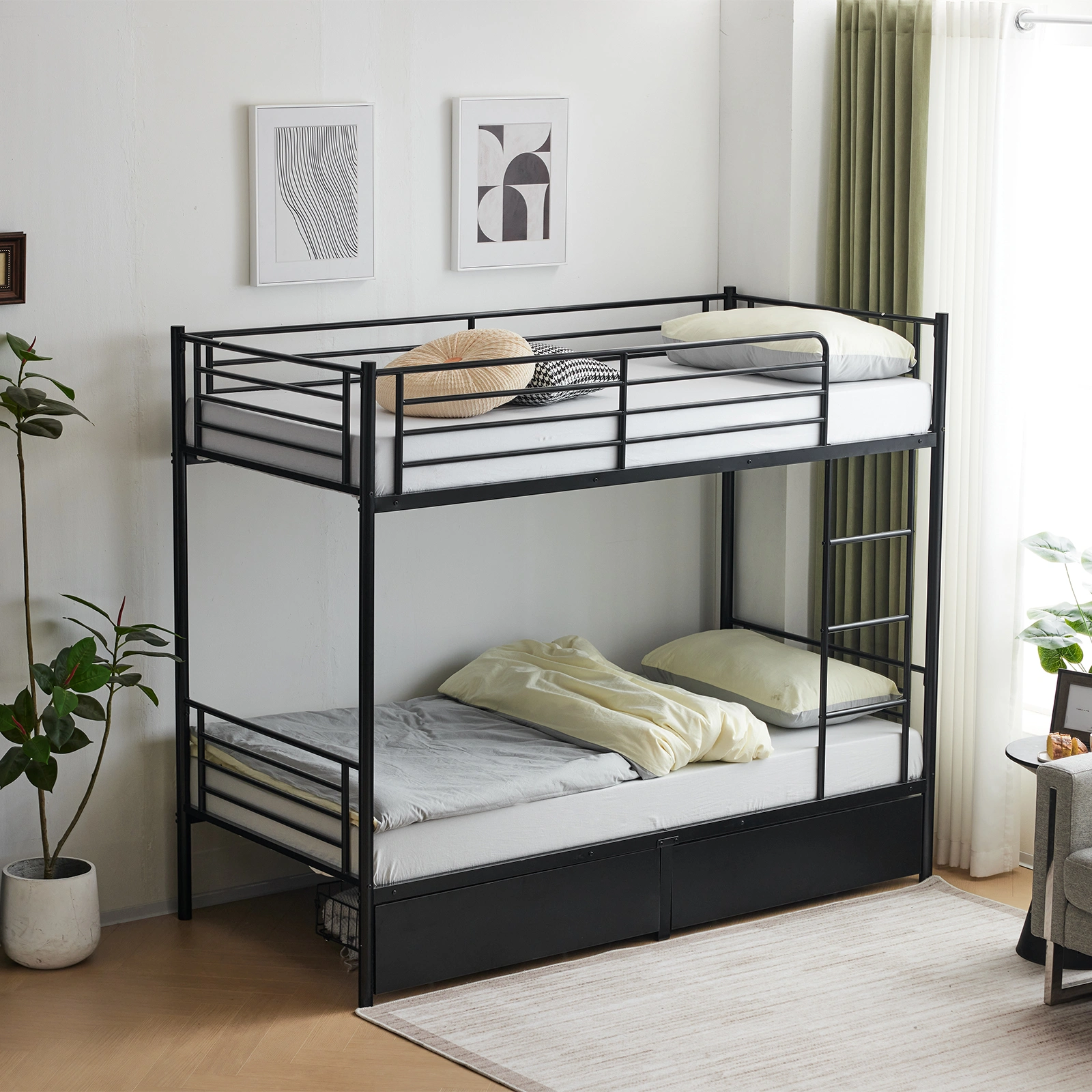 Twin Over Twin Bunk Bed with Two Storage Drawers & Full-Length Guard Rail, Heavy Duty Metal Bunk Bed for Kids Teens Adults, Black view 6