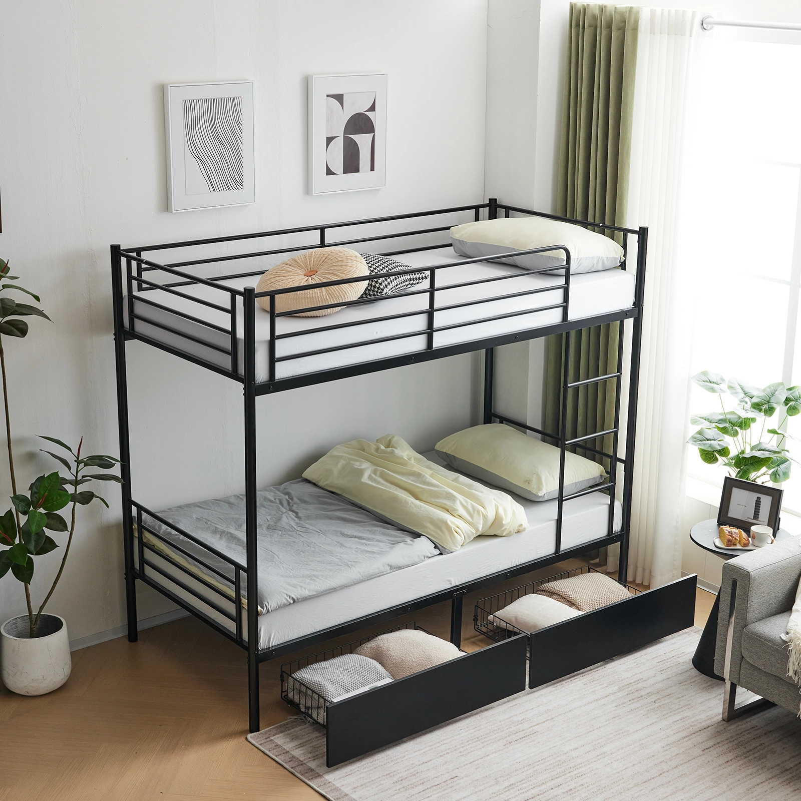 Twin Over Twin Bunk Bed with Two Storage Drawers & Full-Length Guard Rail, Heavy Duty Metal Bunk Bed for Kids Teens Adults, Black view 7