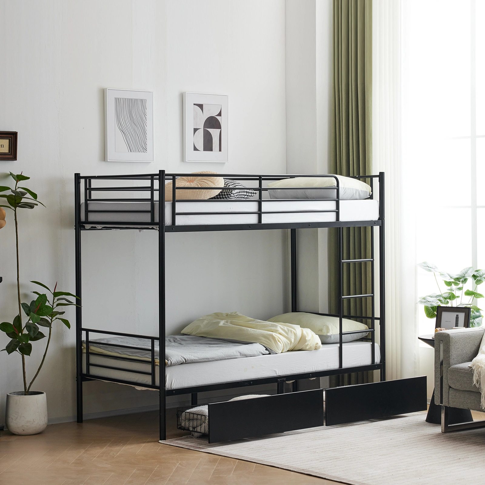 Twin Over Twin Bunk Bed with Two Storage Drawers & Full-Length Guard Rail, Heavy Duty Metal Bunk Bed for Kids Teens Adults, Black view 8