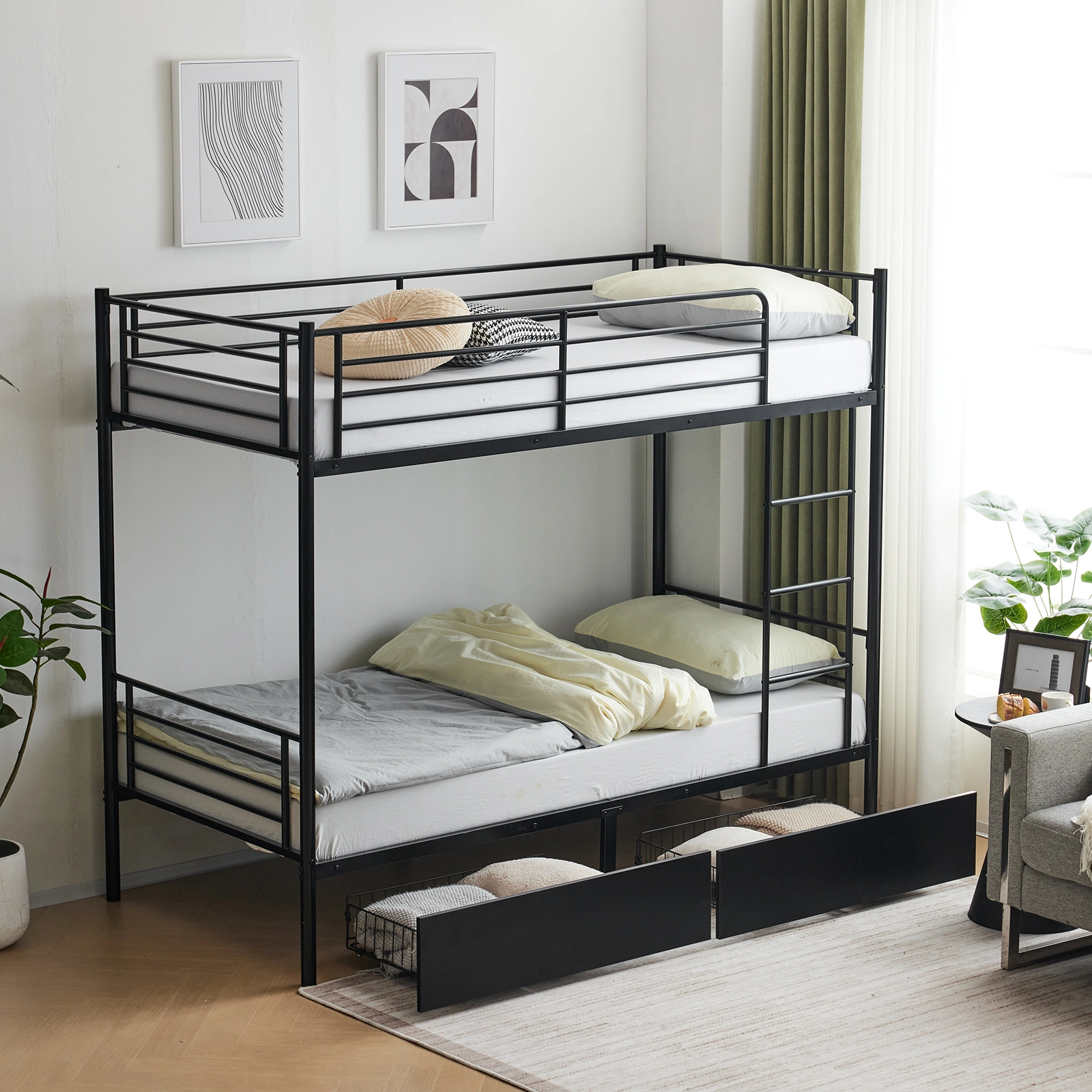 Twin Over Twin Bunk Bed with Two Storage Drawers & Full-Length Guard Rail, Heavy Duty Metal Bunk Bed for Kids Teens Adults, Black view 9