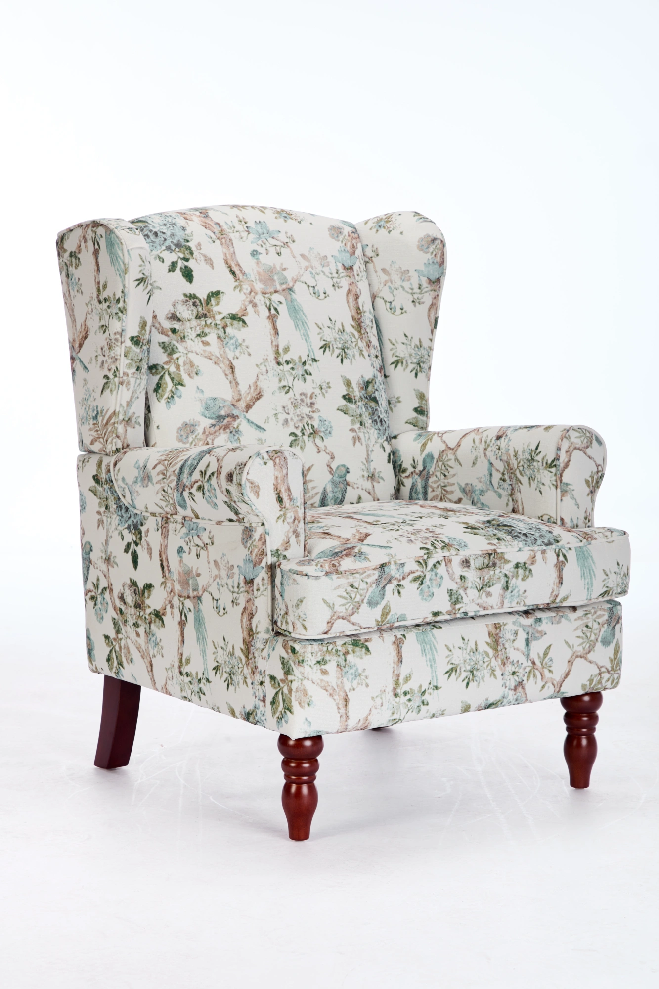 Modern Accent Chair with Retro Wood Legs, Comfy Upholstered Armchair, Floral Design Single Sofa Chair for Living Room Bedroom Office - Floral Blue Bird view 4