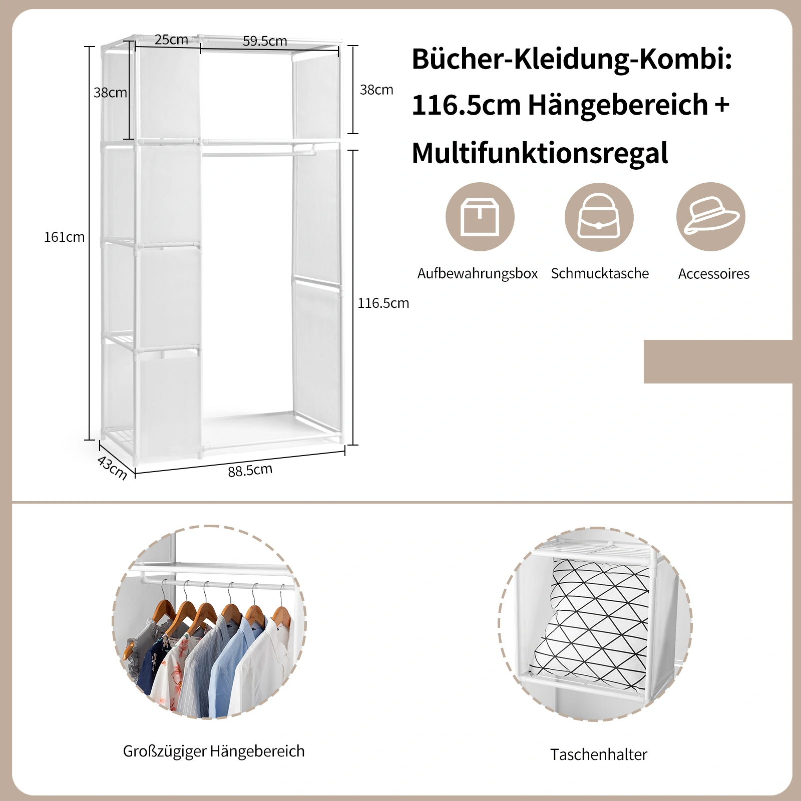 4-Tier Double Row Wardrobe with Curtains, Non-Woven Fabric Hanging Closet with Storage Shelves, White 88.5x44.5x162.5cm view 3
